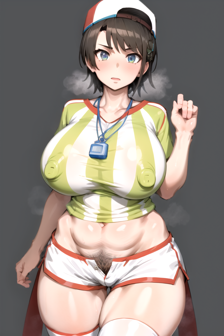 1girls abs ai_generated backwards_baseball_cap baseball_cap blue_eyes blush female female_only hololive hourglass_figure huge_breasts kunaboto_(style) legwear light-skinned_female light_skin nipples_visible_through_clothing oozora_subaru pubic_hair reficulsenpai shiny_skin short_hair socks thick_thighs tomboy vertical-striped_shirt vertical_stripes virtual_youtuber yellow_shirt