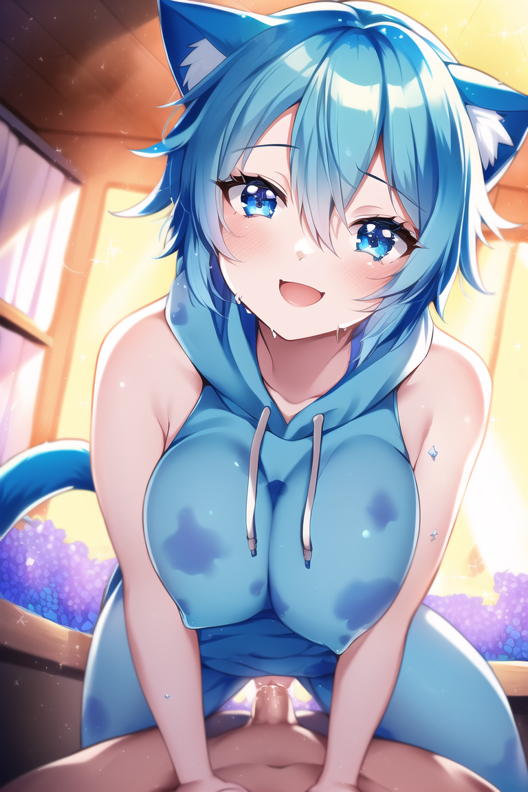 1boy 1girls ai_generated aiartz bare_shoulders blue_eyes blue_hair blush blush_lines blushing_at_viewer cat_ears cat_tail catgirl collarbone cow_girl cowgirl_position detailed_background female hair_between_eyes hair_ornament huge_breasts kirito large_breasts large_penis looking_at_viewer looking_pleasured male nai_diffusion open_mouth partially_clothed patreon penetration penis penis_in_pussy pussy pussy_grip pussy_juice pussy_juice_drip riding riding_penis sex sinon stable_diffusion sweat sweatdrop sword_art_online thick_thighs vaginal_penetration vaginal_sex wet wet_clothes wet_pussy