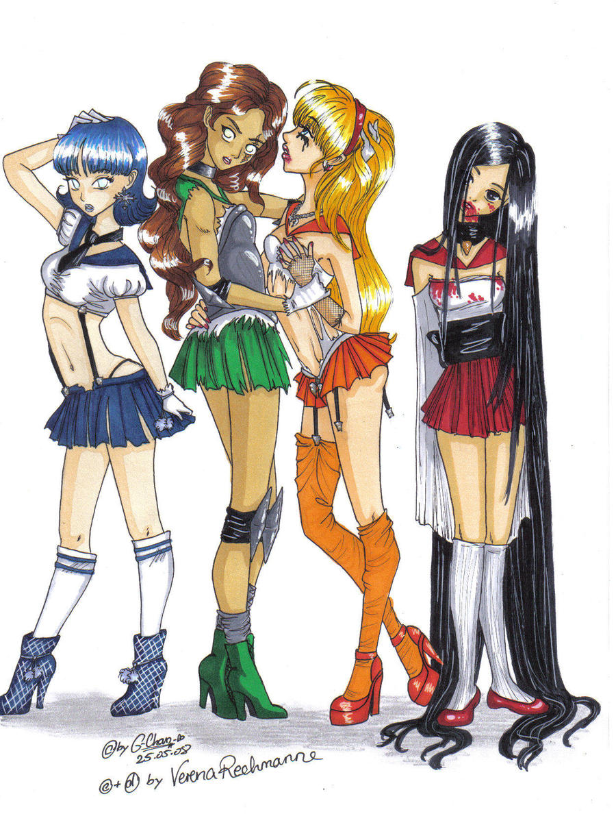 2008 ami_mizuno bishoujo_senshi_sailor_moon brainwashing cleavage clothing corruption enemy_conversion female fishnets gorgeouspixie high_heel_boots high_heels hypnosis lips makoto_kino minako_aino platform_heels post_transformation rei_hino revealing_clothes sailor_jupiter sailor_mars sailor_mercury sailor_venus skirt small_breasts stockings thick_thighs traditional_media transformation wide_hips