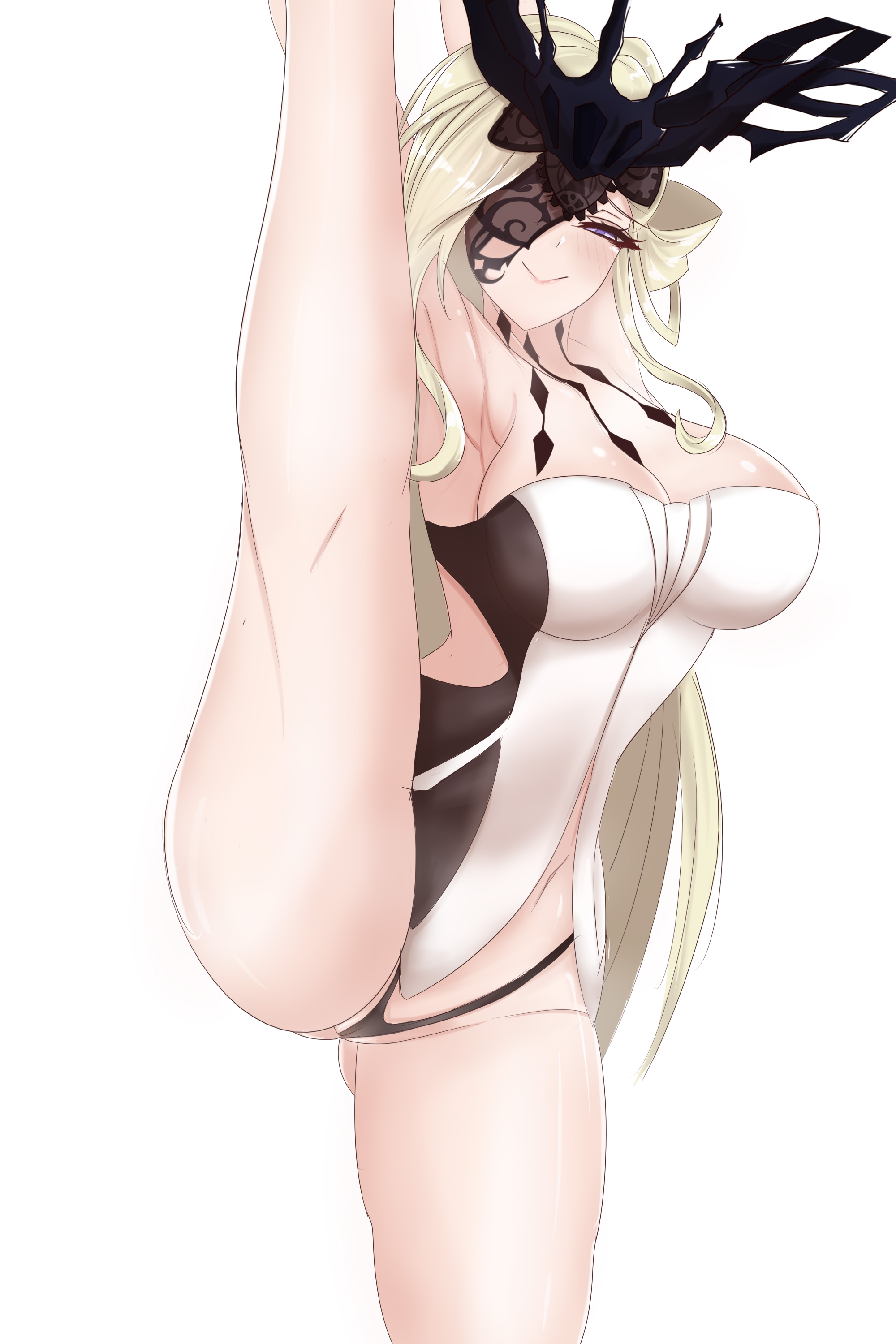 1girls, blonde hair, cute, female, genshin impact, leg up, light skin, light-skinned female, milf, signora (genshin impact), smile, solo, solo female, standing split, stukov, suggestive, thick thighs, thighs