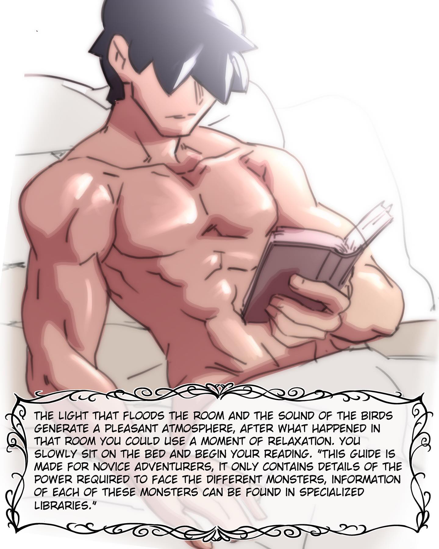 1boy 2019 abs black_hair book english_text hair_over_eyes hyan_(nisego) muscular_male narration nisego original reading shirtless solo solo_male text toned_male white_background