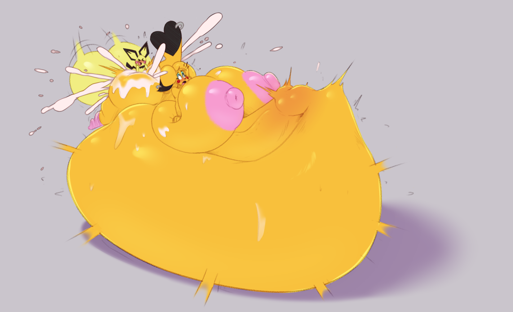 ambiguous penetration, anthro, areola, ass, balls, belly inflation, big ass, big balls, big belly, big breasts, big bulge, big butt, big penis, bodily fluids, breasts, bulge, closed eyes, clothing, cosplay pikachu, cum, cum explosion, cum inside, cum on ass, cum on butt, cumflation, dipstick ears, dipstick tail, duo, excessive cum, female, footwear, furgonomics, furry-specific piercing, genital fluids, genitals, hi res, huge ass, huge balls, huge breasts, huge bulge, huge butt, huge cock, hyper, hyper ass, hyper balls, hyper breasts, hyper bulge, hyper butt, hyper genitalia, hyper penis, inflation, male, male/female, markings, multicolored ears, naked, nintendo, nipples, nude, open mouth, penetration, penis, pichu, piercing, pikachu, pink areola, pink nipples, pokémon (species), pokemon, pokemon (species), rai (nikuzi), schwoo, socks, stomach bulge, tail markings, tail piercing, thick thighs, video games, yellow body