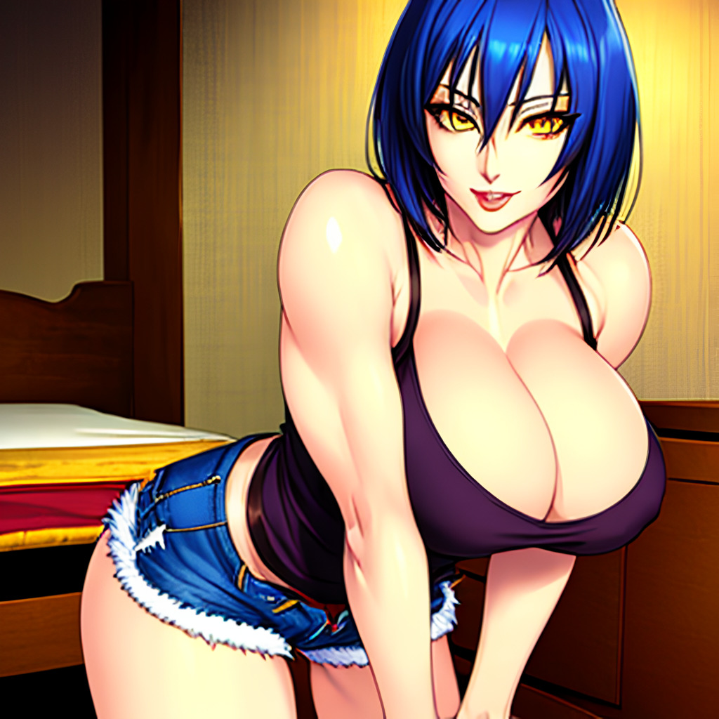 1girl 1girls ai_generated anime_style athletic athletic_female bangs bed bedroom big_breasts black_tank_top blue_hair booty_shorts breasts breasts_bigger_than_head breasts_squeezed_together breasts_squish busty cleavage clothed clothed_female clothing dark_blue_hair deep_cleavage denim denim_bottomwear denim_shorts enmashusui fair_skin fanart female female_focus female_only fit fit_female footwear fringe fringe_hair front_view hands_on_hips huge_boobs huge_breasts indoors large_boobs large_breasts leaning leaning_forward legs light_skin light_skinned_female lips medium_hair metallic_hair navy_blue_hair no_bra original_character perky_breasts pinup portrait pose posing realistic revealing revealing_clothes shorts slippers smile smiling smiling_at_viewer squeezing_breast squeezing_breasts squished_breasts tank_top thick thick_legs thick_thighs thighs tight_clothing tight_fit toned toned_female upper_body yellow_eyes young young_woman