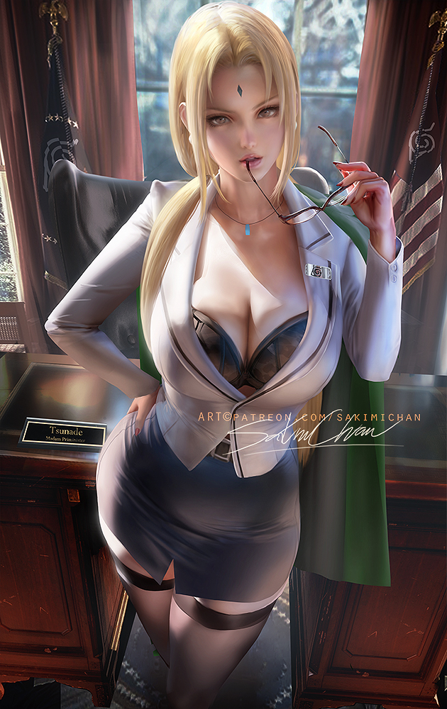 1girls, big breasts, bra, breasts, business, business attire, business suit, business woman, cleavage, female, female only, fully clothed, glasses, naruto, naruto (series), office, office lady, sakimichan, skirt, solo, tsunade