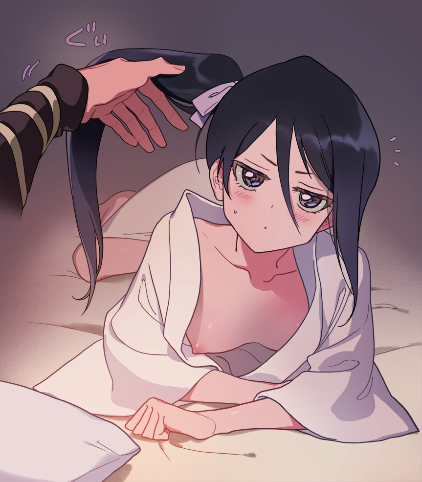 1girls abarai_renji before_sex bleach blush feet female kimono kuchiki_rukia looking_at_viewer lying lying_on_bed male_pov nipple oki on_bed partial_male petite pillow purple_eyes renji_abarai small_breasts tied_hair toes touching_hair