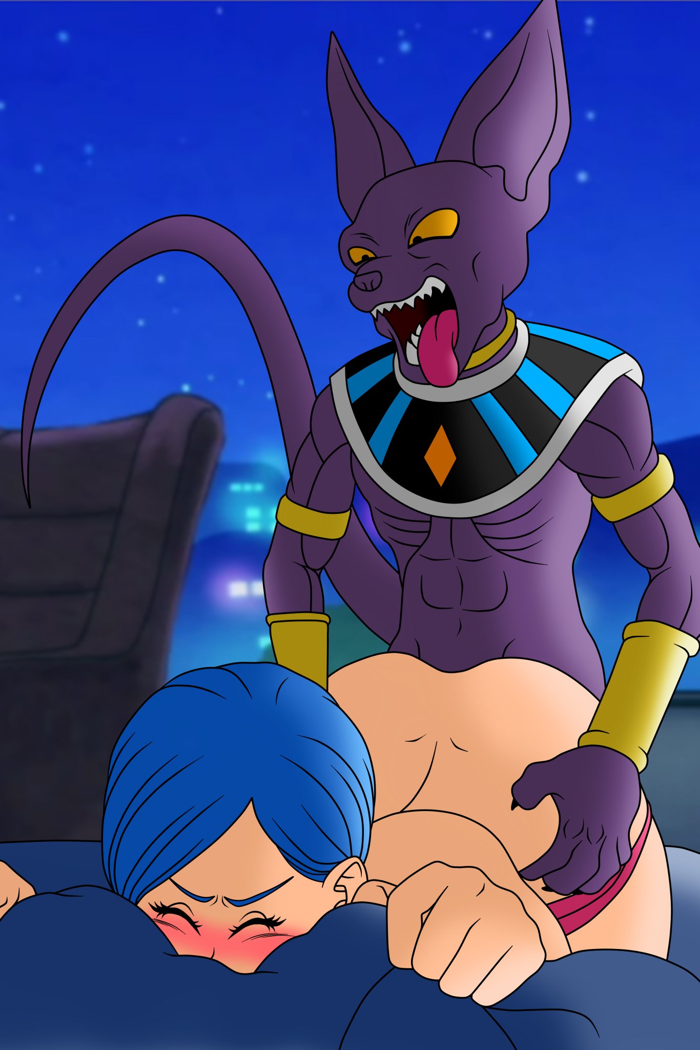 alien animal_humanoid beerus blue_hair blush bulma_briefs cat_humanoid clos...
