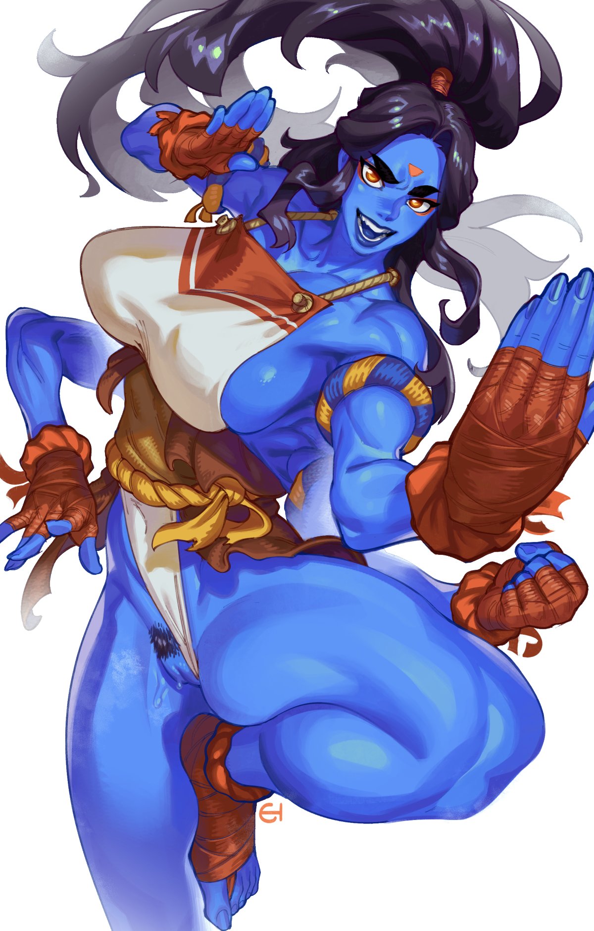 big breasts, blue skin, breasts, eigaka, exposed pussy, female, looking at viewer, multi arm, multi limb, pose, pussy, tagme, thick thighs