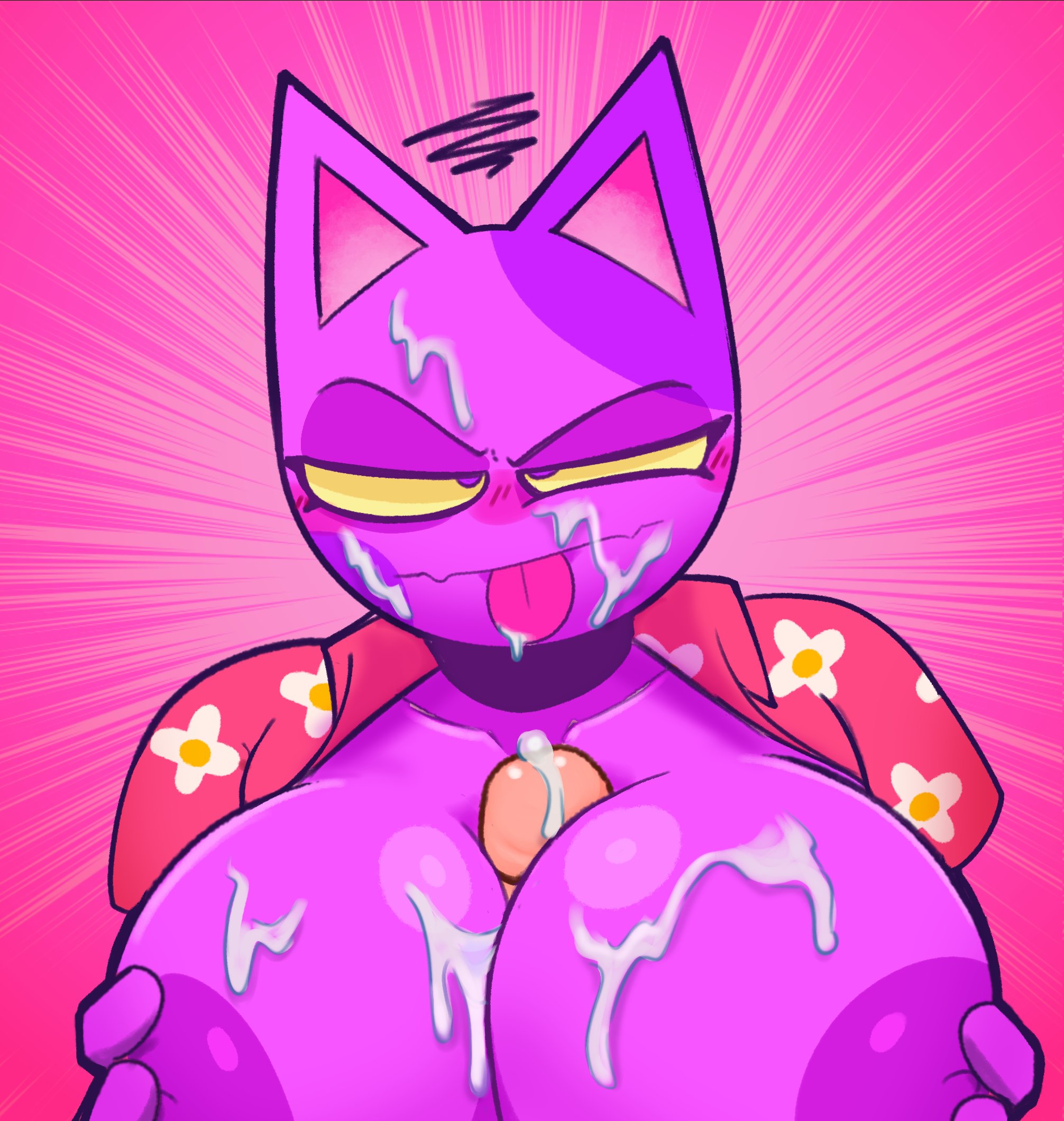1boy, 1girls, after paizuri, animal crossing, anthro, anthro on human, areola, areolae, bob (animal crossing), breasts, cum, cum on breasts, cum on face, domestic cat, eyelashes, female, furry, genderswap, genderswap (mtf), light skin, light-skinned male, male, nipples, paizuri, penis, purple nipples, rule 63, shirt, simple background, srrealleaf, tongue, tongue out, yellow sclera