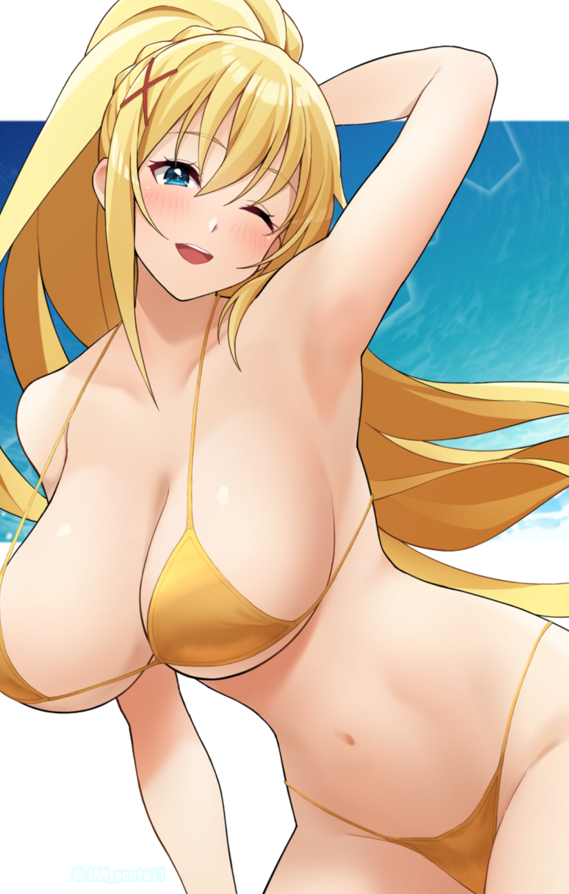 arm_up armpits bare_shoulders bikini blonde_hair blue_eyes blush breasts cleavage collarbone darkness_(konosuba) female highres jampen kono_subarashii_sekai_ni_shukufuku_wo! large_breasts long_hair looking_at_viewer navel one_eye_closed open_mouth ponytail smile solo swimsuit yellow_bikini_bottom