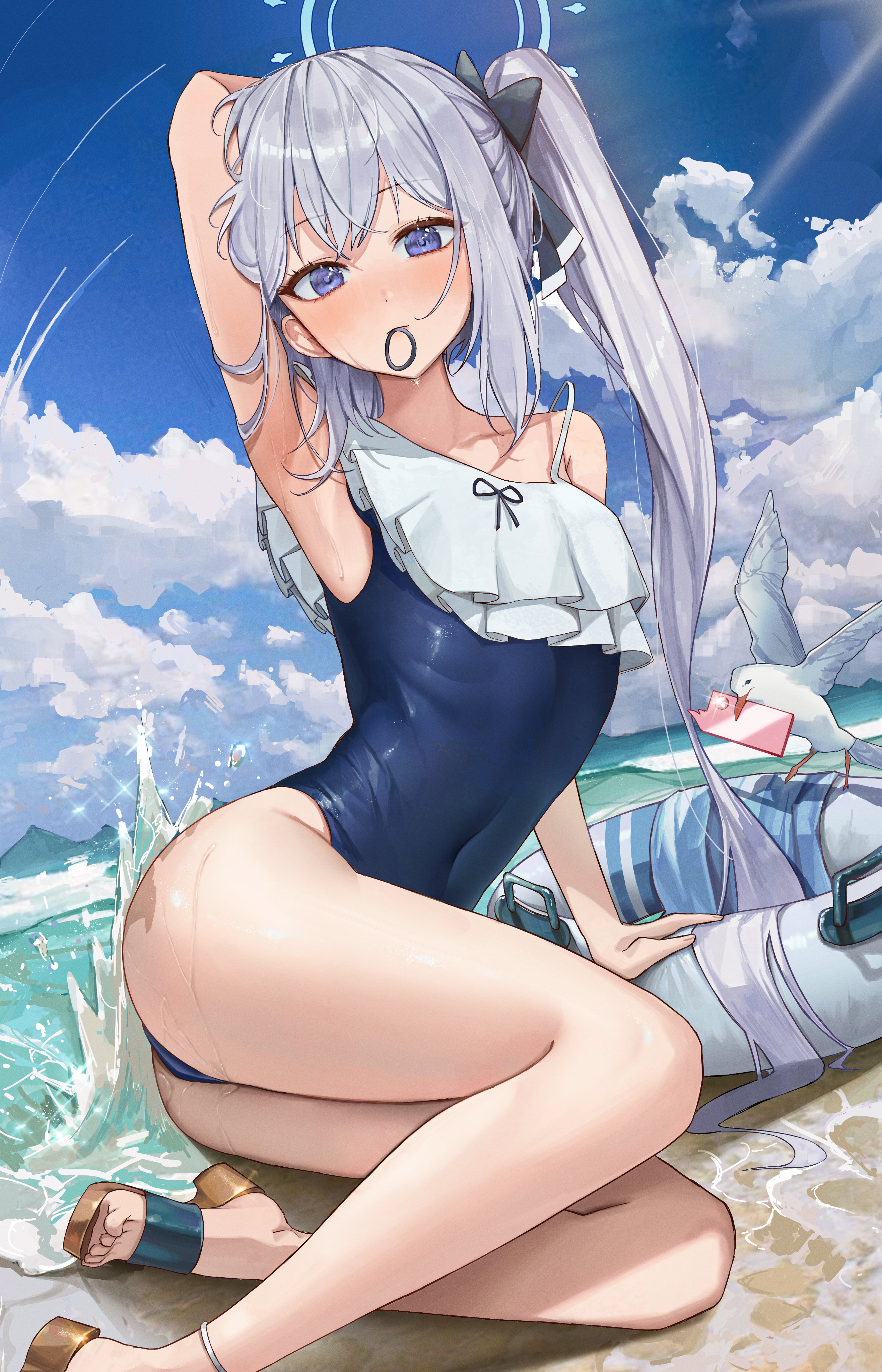 ai generated, armpits, bare thighs, barefoot, beach, blue archive, breasts, female, krensama, long hair, lying on side, miyako (blue archive), miyako (swimsuit) (blue archive), ocean, one-piece swimsuit, petite, petite body, petite female, purple eyes, rabbit squad (blue archive), sandals, seaside, sitting, sitting on floor, slim waist, small breasts, splashing, srt special academy student, teenager, white hair