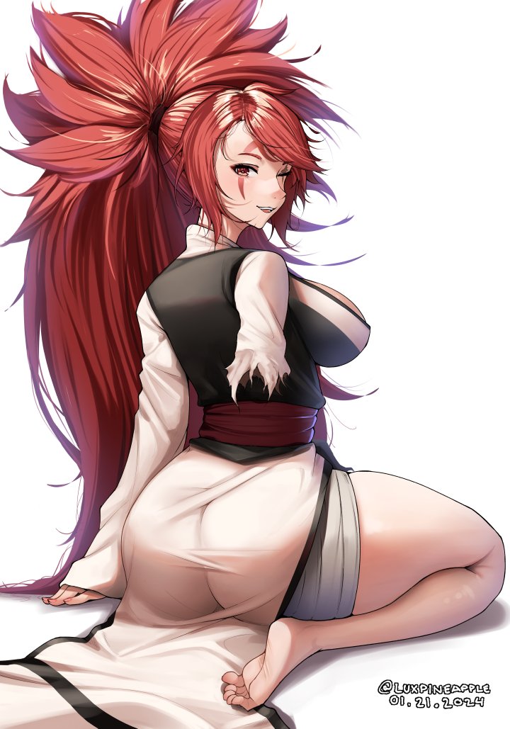 1girls 2024 2d 2d_(artwork) amputee arc_system_works artist_signature asian asian_female ass ass_cleavage ass_visible_through_clothes baiken bangs bare_legs bare_thighs barefoot big_ass big_breasts big_butt breasts butt cleavage clothed clothed_female clothing color colored dat_ass fanart feet female femme_fatale full_color guilty_gear guilty_gear_strive guilty_gear_xrd japanese japanese_clothes japanese_female kemono large_butt light-skinned_female light_skin long_hair looking_at_viewer luxpineapple messy_hair ponytail red_eyes red_hair ripped_clothes ripped_clothing samurai scar scar_across_eye smile smiling smiling_at_viewer solo solo_female thick_thighs thighs very_long_hair video_game_character video_game_franchise video_games voluptuous voluptuous_female