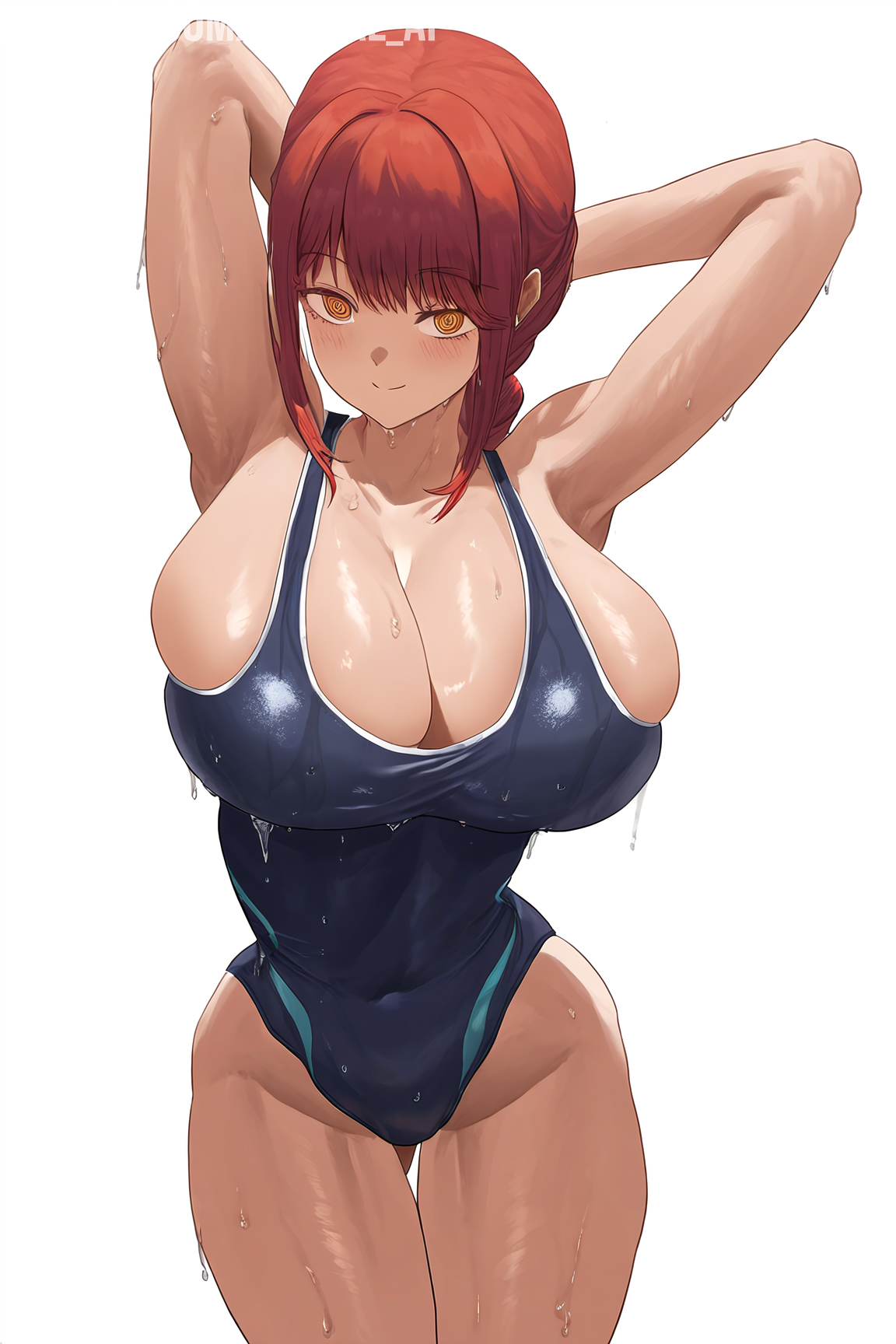 1girls, ai generated, alternate breast size, amiral ai, armpits, breasts, busty, chainsaw man, clothing, female, female only, hi res, huge breasts, light skin, light-skinned female, makima (chainsaw man), naughty face, one-piece swimsuit, presenting armpit, red hair, stable diffusion, swimsuit, yellow eyes