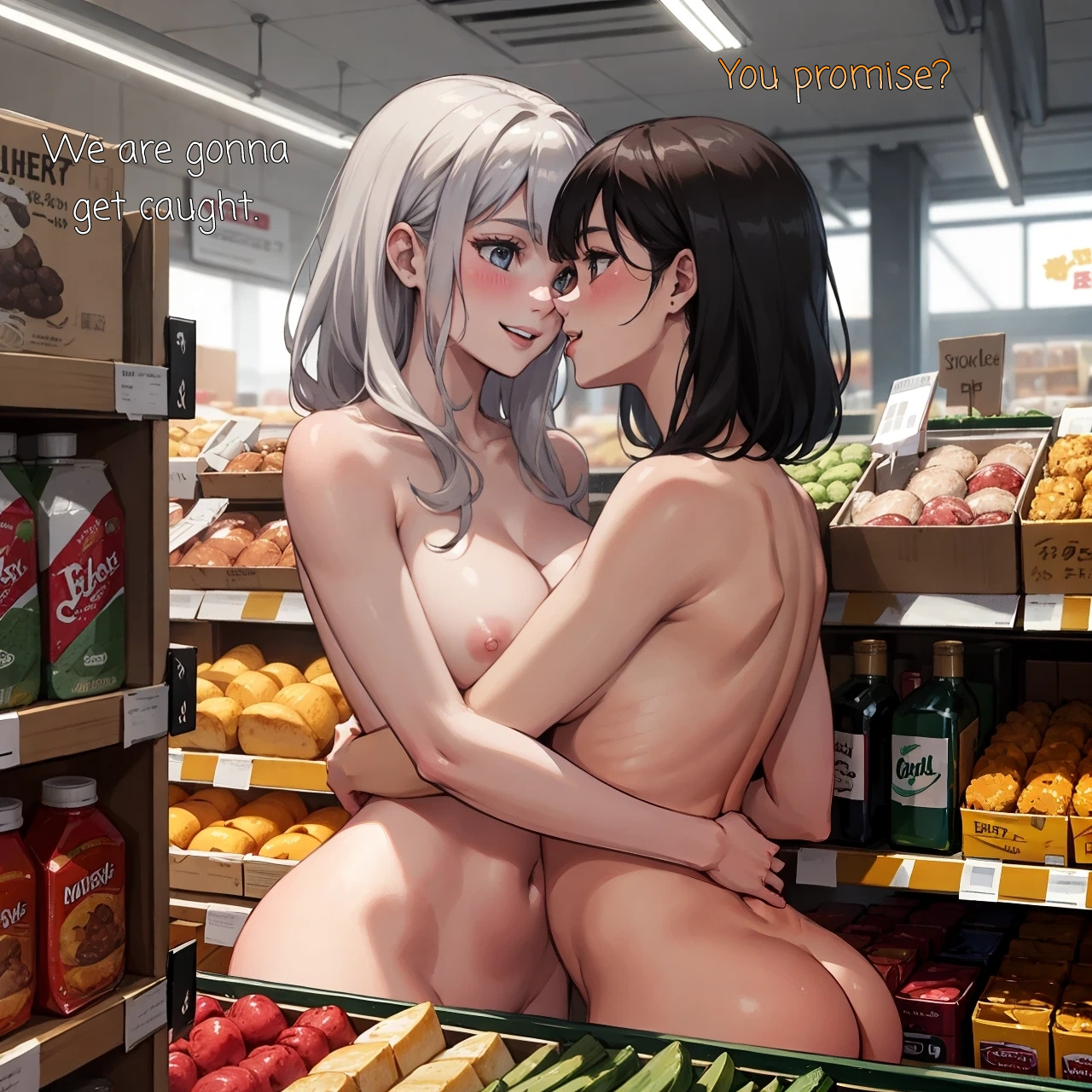 2girls, ai generated, arm around waist, ass, big breasts, blush, breasts, breasts press, breasts pressed against partner, brown hair, brunette hair, dazer, english text, exhibitionism, exhibitionist, female, grey eyes, hugging, long hair, looking at each other, looking at partner, medium hair, nipples, nude, nude female, original, public, public nudity, silver hair, smile, smiling, supermarket, tagme, yuri