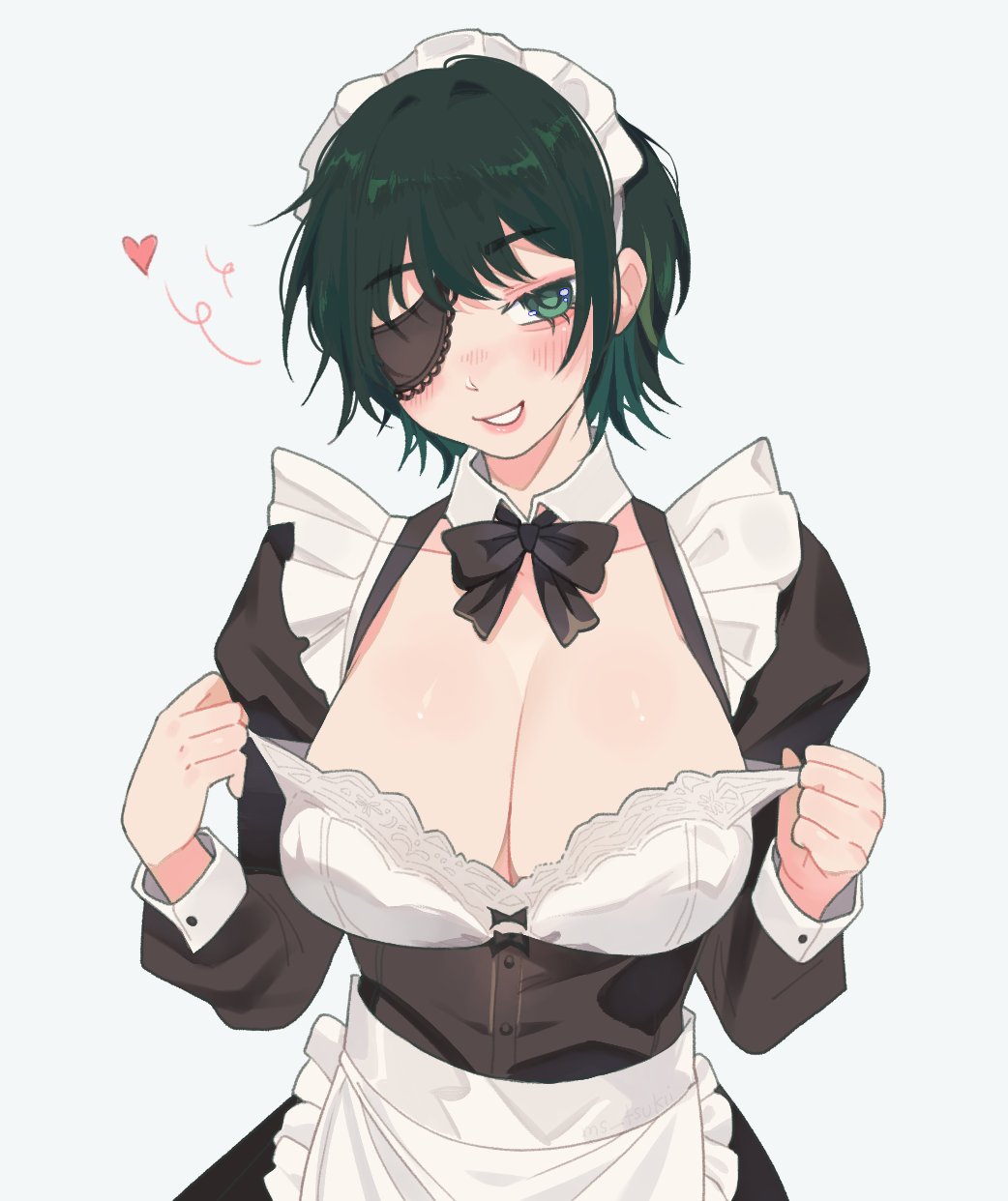 big_breasts blush bow chainsaw_man eyepatch flirting flirting_look flirting_with_viewer flirty green_hair heart himeno_(chainsaw_man) maid maid_headdress maid_outfit maid_uniform ms_tsukii pulling_clothing pulling_down_top tease teasing teasing_viewer