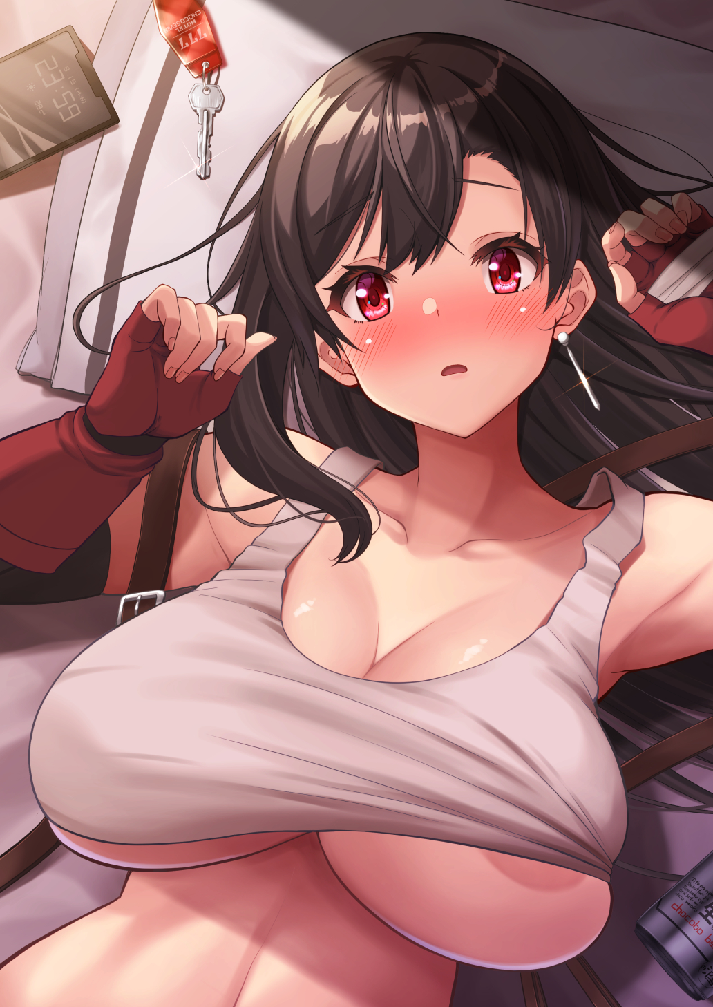 areola_slip bad_id bad_twitter_id black_hair breasts cleavage female final_fantasy final_fantasy_vii fingerless_gloves gloves highres inactive_account key kojirou! large_breasts long_hair looking_at_viewer lying navel red_eyes red_gloves solo tank_top tifa_lockhart white_tank_top