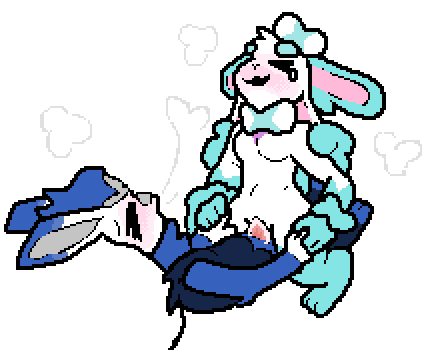 anthro blue_body blue_fur blush bodily_fluids breasts breath_cloud cimaris_(emote) cinderace cowgirl_position cum cum_inside duo eeveelution elodie_(emote) eveelution female from_front_position fur generation_4_pokemon generation_6_pokemon generation_8_pokemon genital_fluids genitals hand_holding hybrid journalfry lopunny low_res lying male male/female multicolored_body nintendo nose_bandage on_bottom on_top penis pokemon pokemon_(species) sex small_breasts stomach_bulge sylveon white_body white_fur