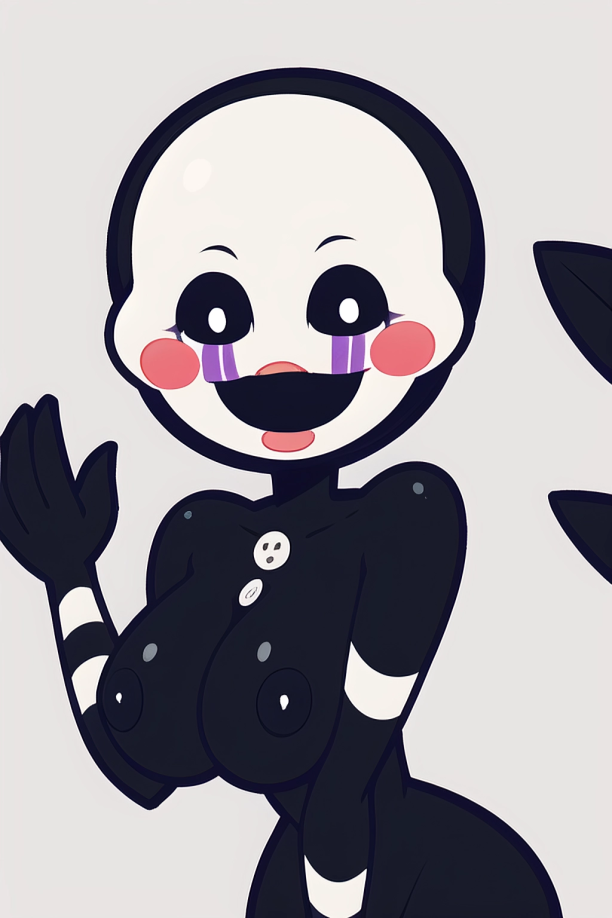 ai_generated animatronic animatronic_female black_body buttons classic_fnaf_2_marionette classic_fnaf_2_puppet five_nights_at_freddy's five_nights_at_freddy's_2 haunted marionette_(fnaf) masked nipples original_fnaf_2_marionette original_fnaf_2_puppet pixai possessed pupils puppet puppet_(fnaf) robot_girl simple_background slim_waist striped_arms ultimate_custom_night upper_body waving waving_at_viewer waving_hand white_pupils