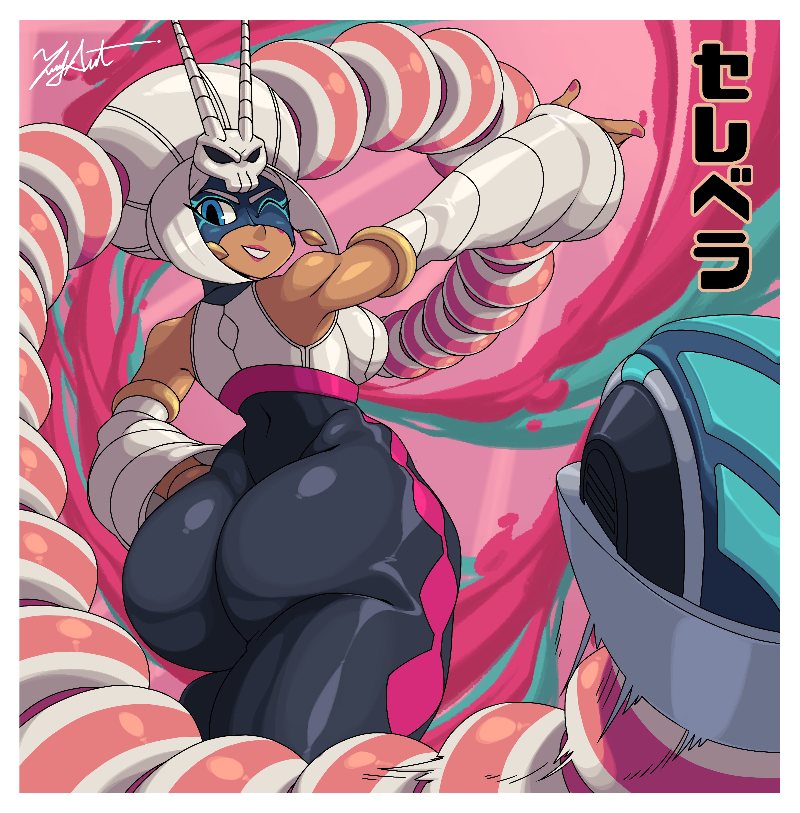 1girls, arms (game), ass, big ass, big breasts, black pants, blue eyes, breasts, bubble ass, bubble butt, cassandra veranos, cerebella, domino mask, ear piercing, earrings, eyewear, female, female only, hand on hip, huge ass, large ass, lipstick, looking back, nail polish, nails, one eye closed, pants, pink lips, pink lipstick, pink nail polish, pink nails, skullgirls, smile, solo, solo female, thick thighs, thighs, twintails, twintelle (cosplay), vice-versa, white hair, wink, winking, zeusart