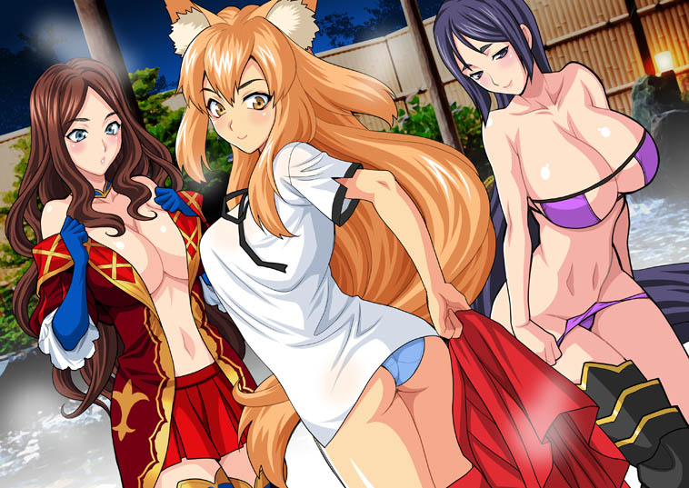 3girls big_ass big_breasts cleavage fate/extra fate/grand_order fate_(series) hot_spring large_breasts leonardo_da_vinci_(fate/grand_order) minamoto_no_raikou_(fate/grand_order) minamoto_no_raikou_(swimsuit_lancer) panties suzuka_gozen_(fate) swimsuit tagme undressing yukiyanagi