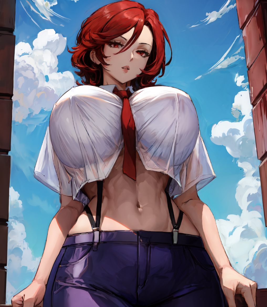 ai_generated big_breasts breasts from_below huge_breasts king_of_fighters large_breasts looking_at_viewer looking_down loose_shirt midriff navel pants parted_lips perky_breasts red_hair red_tie short_hair sky stable_diffusion suspenders tampopo tie tie_between_breasts toned_female vanessa_(kof) white_shirt