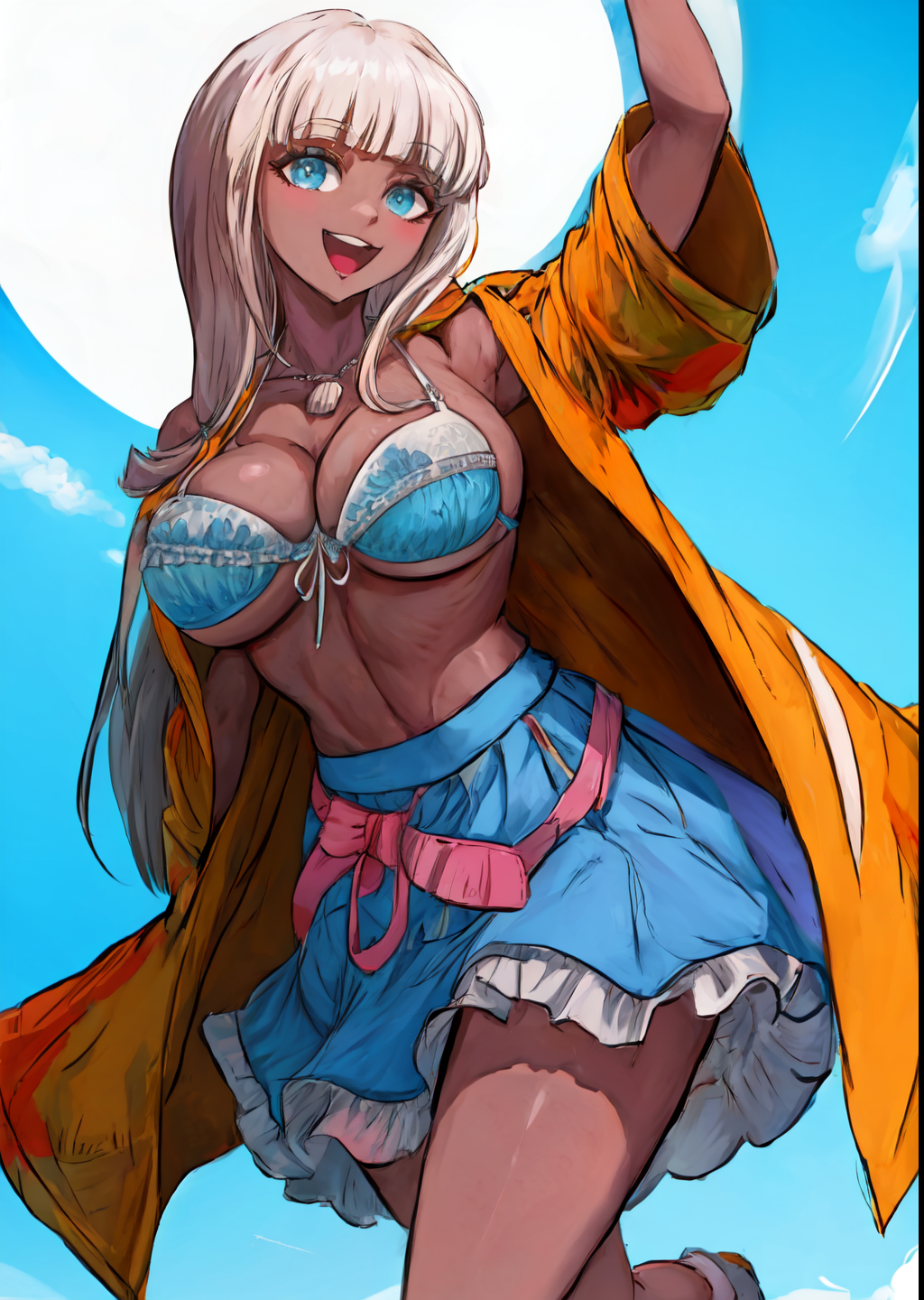 1girls ai_generated big_breasts blue_eyes bra breasts bursting_breasts cleavage danganronpa danganronpa_v3 dark-skinned_female dark_skin female frilled_skirt frills large_breasts long_hair long_jacket midriff navel open_mouth outdoors outside running shell shell_necklace sideboob skirt sky smile solo stable_diffusion tampopo thighs underboob undersized_clothes waving white_hair yellow_jacket yonaga_angie