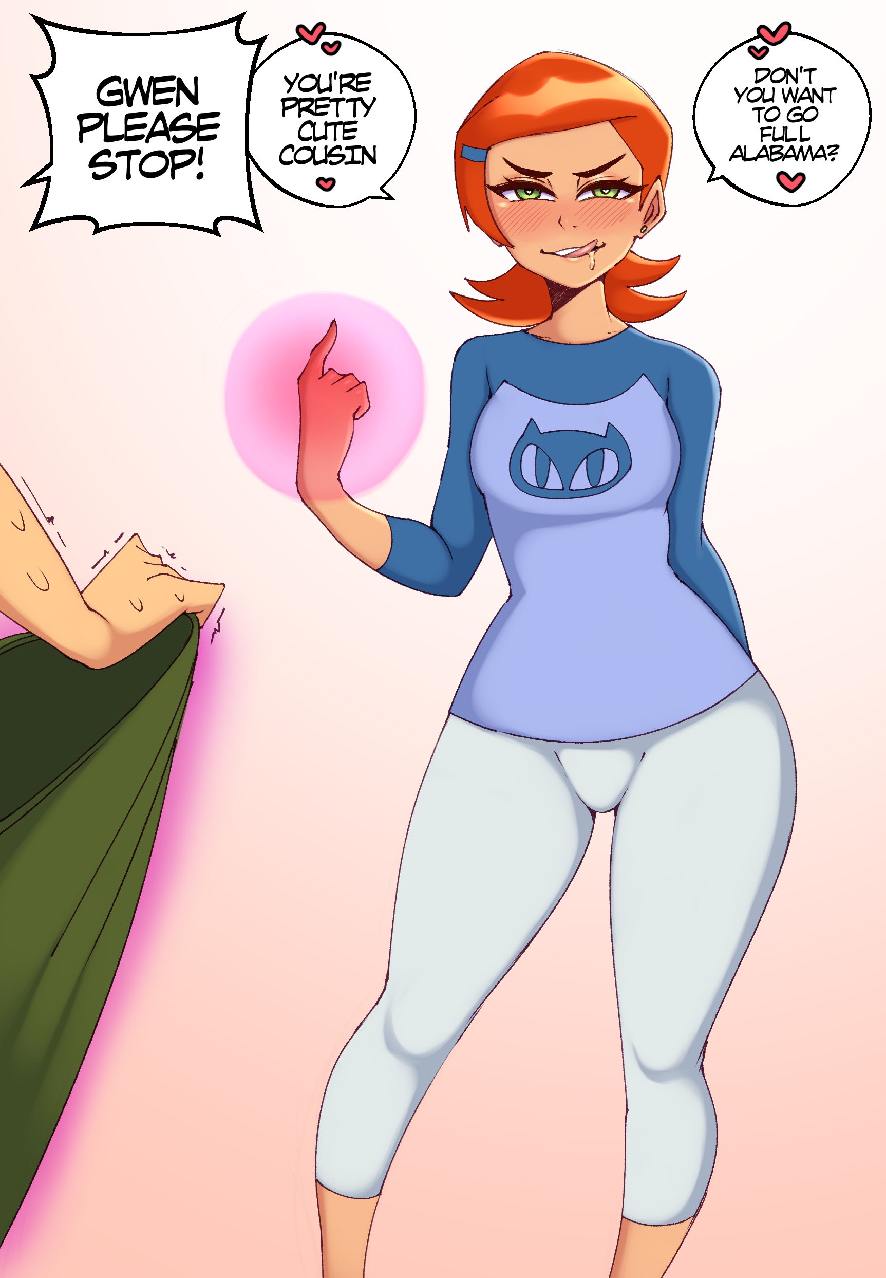 1boy, 1girls, ben 10, ben 10 (classic), ben tennyson, ben tennyson (classic), blush, dialogue, english text, erection under clothes, female, female focus, femdom, green eyes, gwen tennyson, gwen tennyson (classic), heart, hi res, human only, imminent incest, incest, licking lips, magic, male, narrowed eyes, naughty face, orange hair, partial male, saltyxodium, speech bubble, voluptuous, voluptuous female