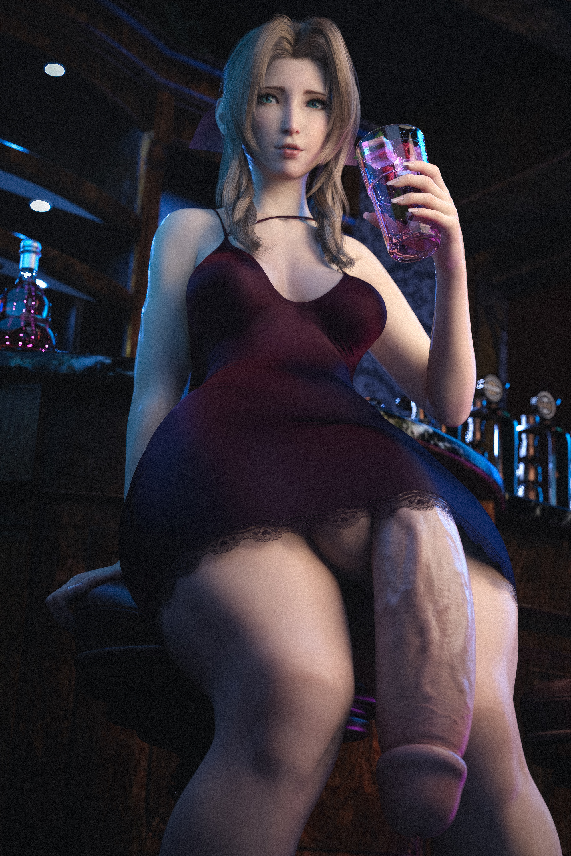 1futa, 3d, 3d (artwork), aerith gainsborough, big penis, casual exposure, casual nudity, clothed, dress, final fantasy, final fantasy vii, final fantasy vii remake, flaccid, futa only, futanari, huge cock, ineffective clothing, intersex, looking at viewer, penis, penis under clothes, sitting, solo, stevencarson