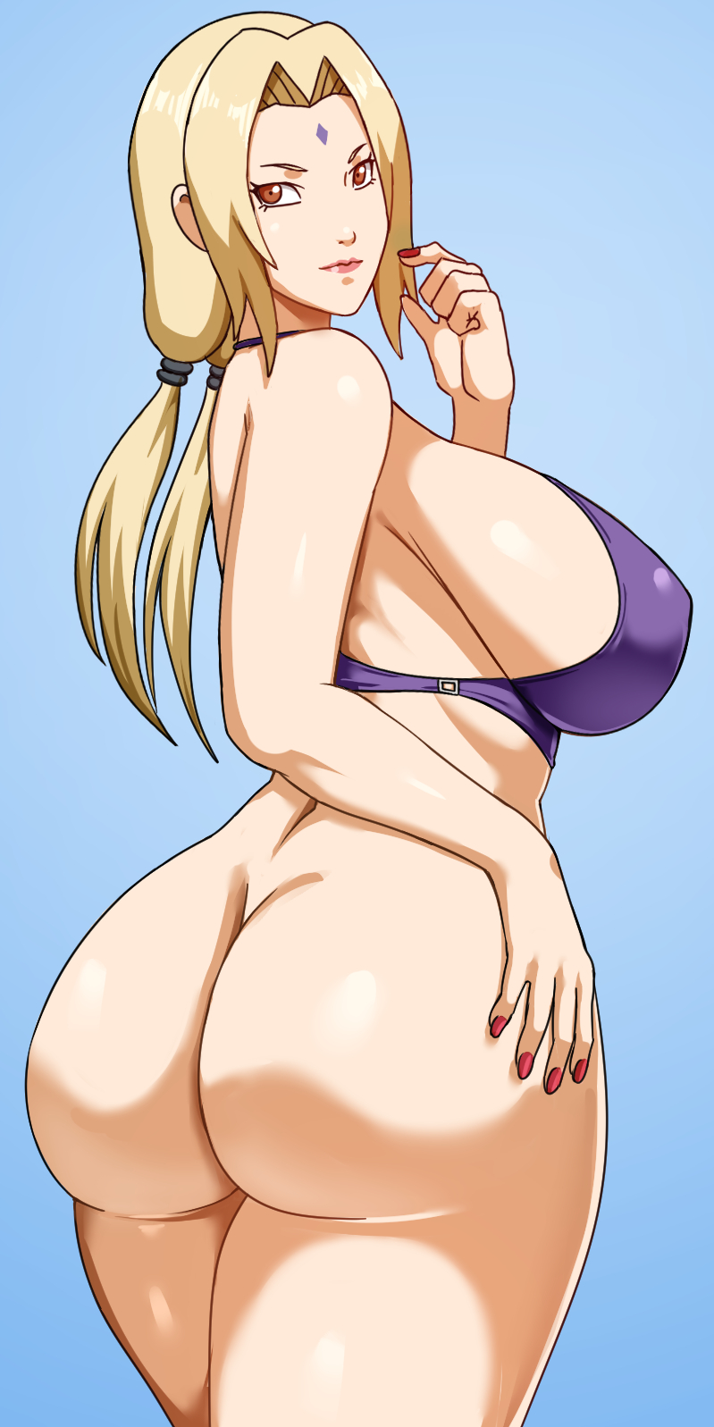 1girls, ass, bare ass, bare back, bare breasts, bare shoulders, big ass, big breasts, bikini, bikini top, bikini top only, blonde hair, bottomless, bottomless female, breasts, brown eyes, bubble ass, bubble butt, cleavage, clothed female, female, female only, from behind, huge ass, huge breasts, large breasts, long hair, mature, mature female, nail polish, naruto, naruto (series), naruto shippuden, nipples, pinkpawg, sideboob, smile, solo, solo focus, standing, swimsuit, thick ass, tsunade, voluptuous