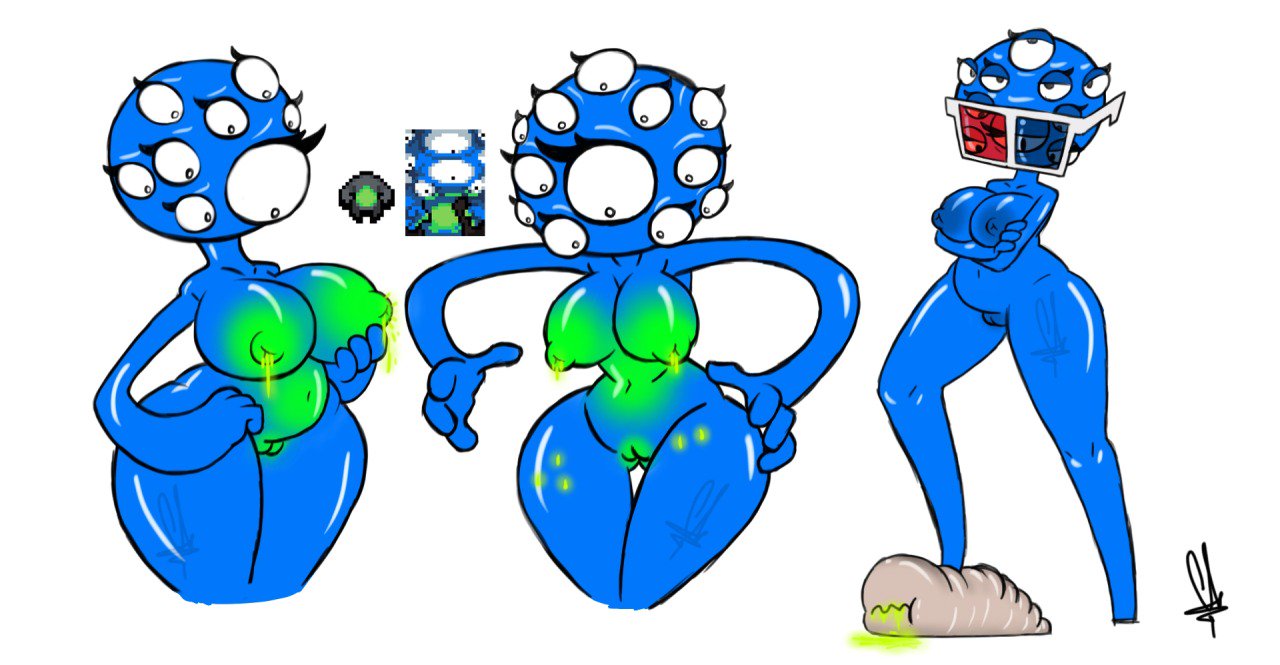 1girls 2015 2d 2d_artwork 3d_glasses big_breasts blue-skinned_female blue_body blue_skin breast_expansion breast_growth breasts christomwow chubby chubby_female eyelashes eyes_(nuclear_throne) female female_only hi_res highres holding_breast inflated_belly inflation looking_at_breasts looking_down maggot multi_eye nuclear_throne radiation radioactive radioactive_waste rule_63 solo_female squint squinted_eyes squinting thick_thighs thick_thighs_save_lives thighs