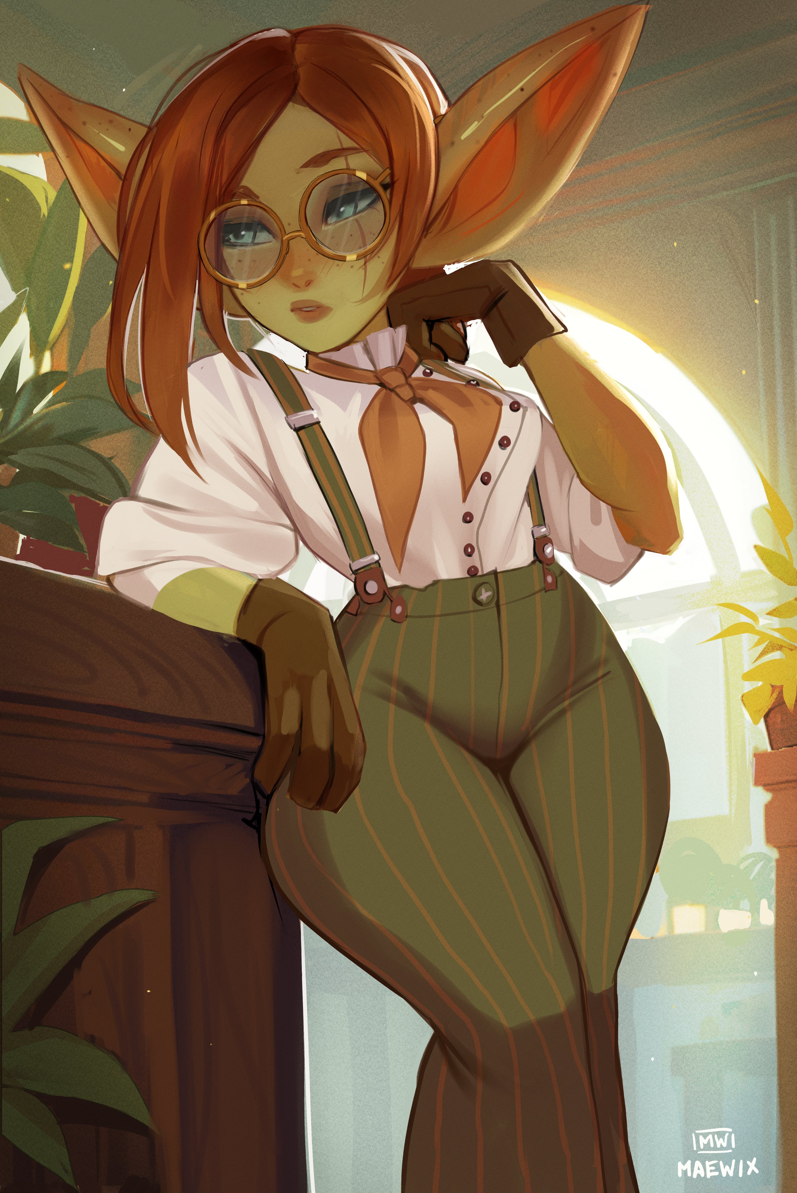 1girls, absurd res, big ears, blue eyes, clothed, clothing, elizabeth devaux (maewix1), female, female only, freckles, glasses, gloves, goblin, goblin female, green skin, leaning on table, looking away, maewix1, narrowed eyes, orange hair, pointy ears, round glasses, scar, scar across eye, shirt, solo, suspenders