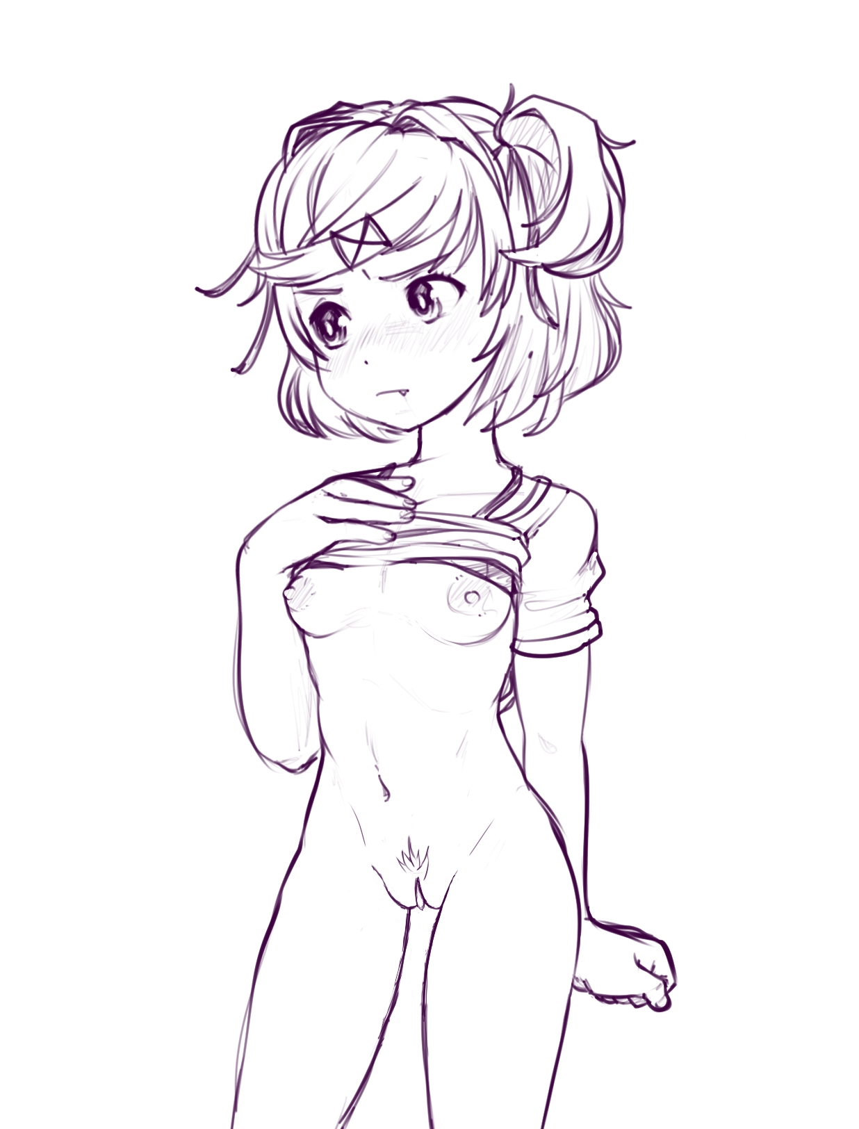 areolae, blush, bottomless, bottomless female, breasts, doki doki literature club, female, hexanne, human, monochrome, natsuki (doki doki literature club), nipples, nude, nude female, pubic hair, pussy, standing