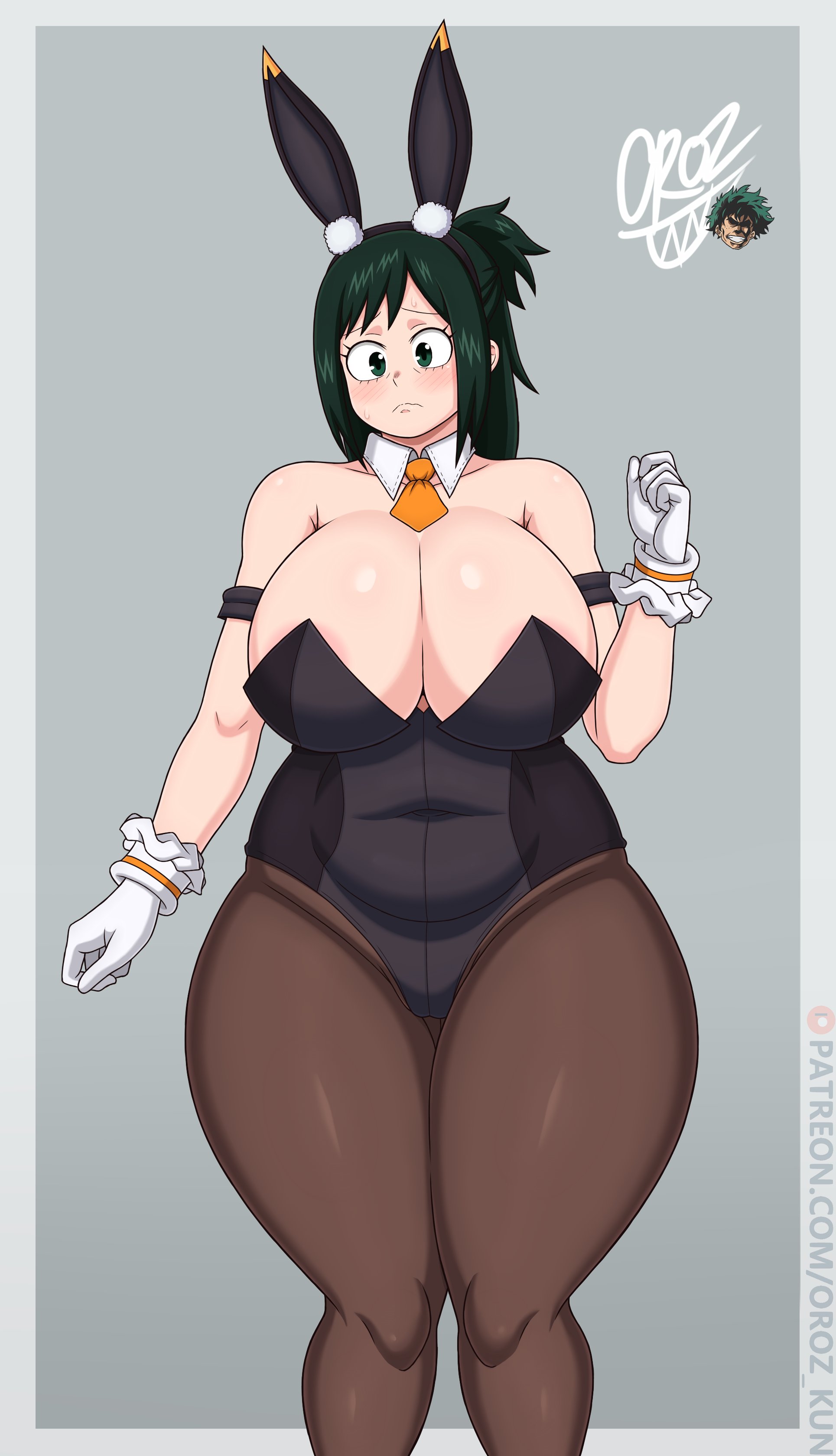 1girls, breasts, bunny ears, bunny girl, bunnysuit, commission, female, green eyes, green hair, hips, huge breasts, inko midoriya, light skin, light-skinned female, mature female, midoriya inko, milf, mother, my hero academia, oroz-kun, thick thighs, thighs, wide hips