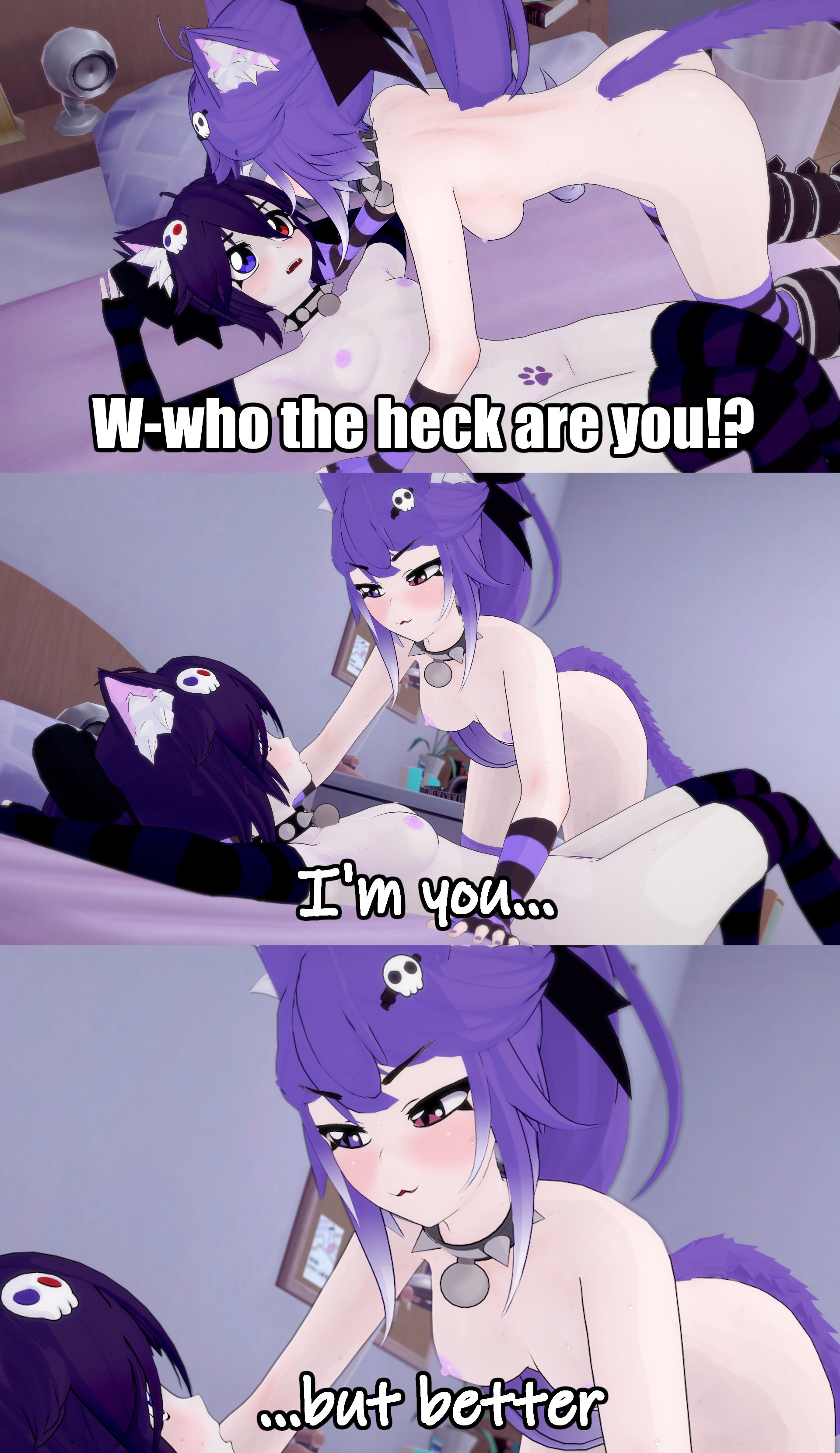 2girls, 3d, bedroom, bell collar, breasts, cat ears, cat girl, cat humanoid, cat tail, catgirl, comic, erect nipples, everancen, female, female on female, gloves, horny female, humanoid, koikatsu, looking at partner, multicolored eyes, nipples, nude, nude female, on bed, outside, ponytail, purple hair, skull hair ornament, small breasts, smile, spiked collar, stockings, tagme, totless (vtuber), tsuki kimura, virtual youtuber, vrchat, vrchat avatar, vtuber, yuri