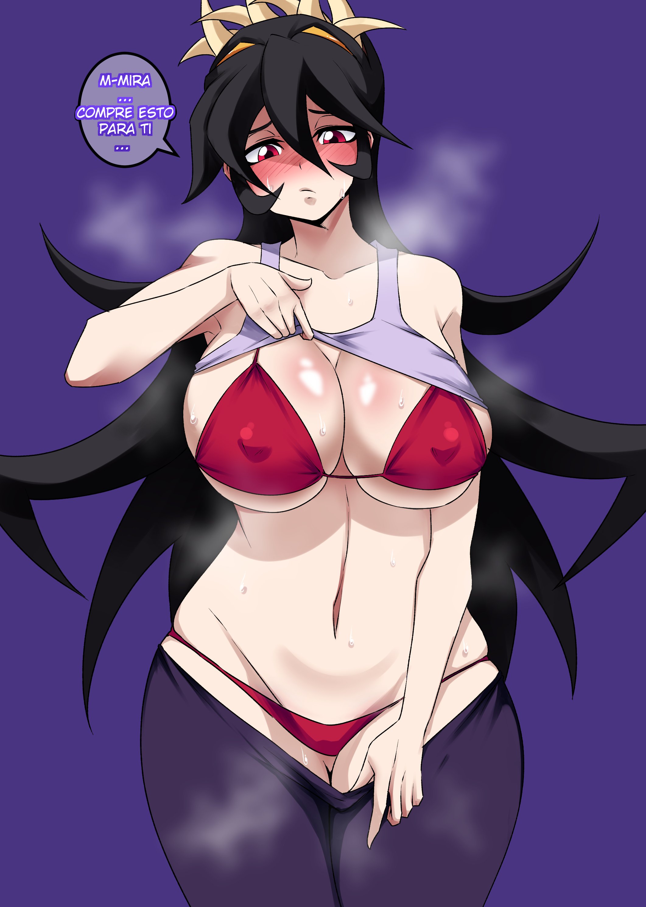 1girls, big breasts, black hair, black pants, blush, bra, breasts, cleavage, clothing, clothing lift, female, female only, filia (skullgirls), hair, huge breasts, long hair, panties, pants, pants down, red bra, red eyes, red panties, skullgirls, solo, solo female, spanish text, speech bubble, sports bra, sports uniform, sportswear, steam, steamy, sweat, sweatdrop, sweaty, sweaty body, text, tobyllitos, translated