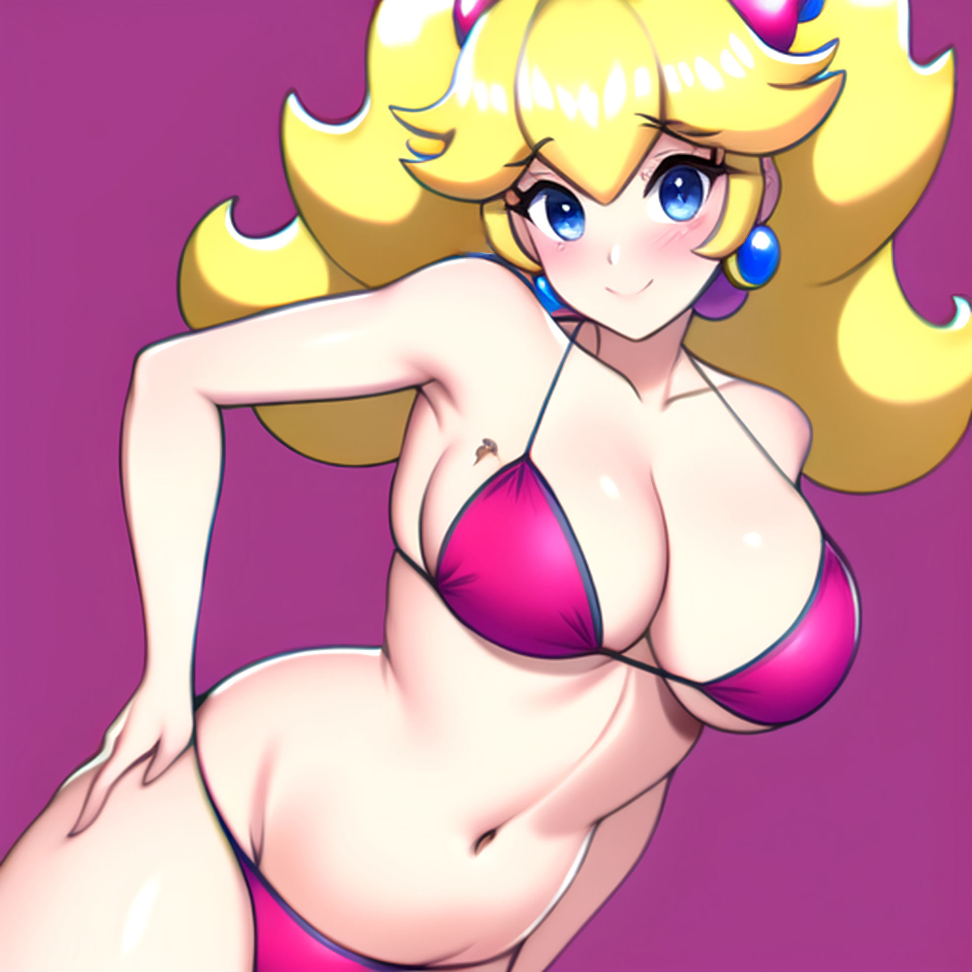 1girls, ai generated, alternate hairstyle, bent over, big breasts, bikini, blonde hair, blue eyes, breasts, busty, cleavage, female, hand on hip, hi res, large breasts, leaning forward, legs, long hair, looking at viewer, mario (series), nai diffusion, navel, nintendo, pink bikini, princess, princess peach, sensual, smile, stable diffusion, swimsuit, thighs, twintails, voluptuous