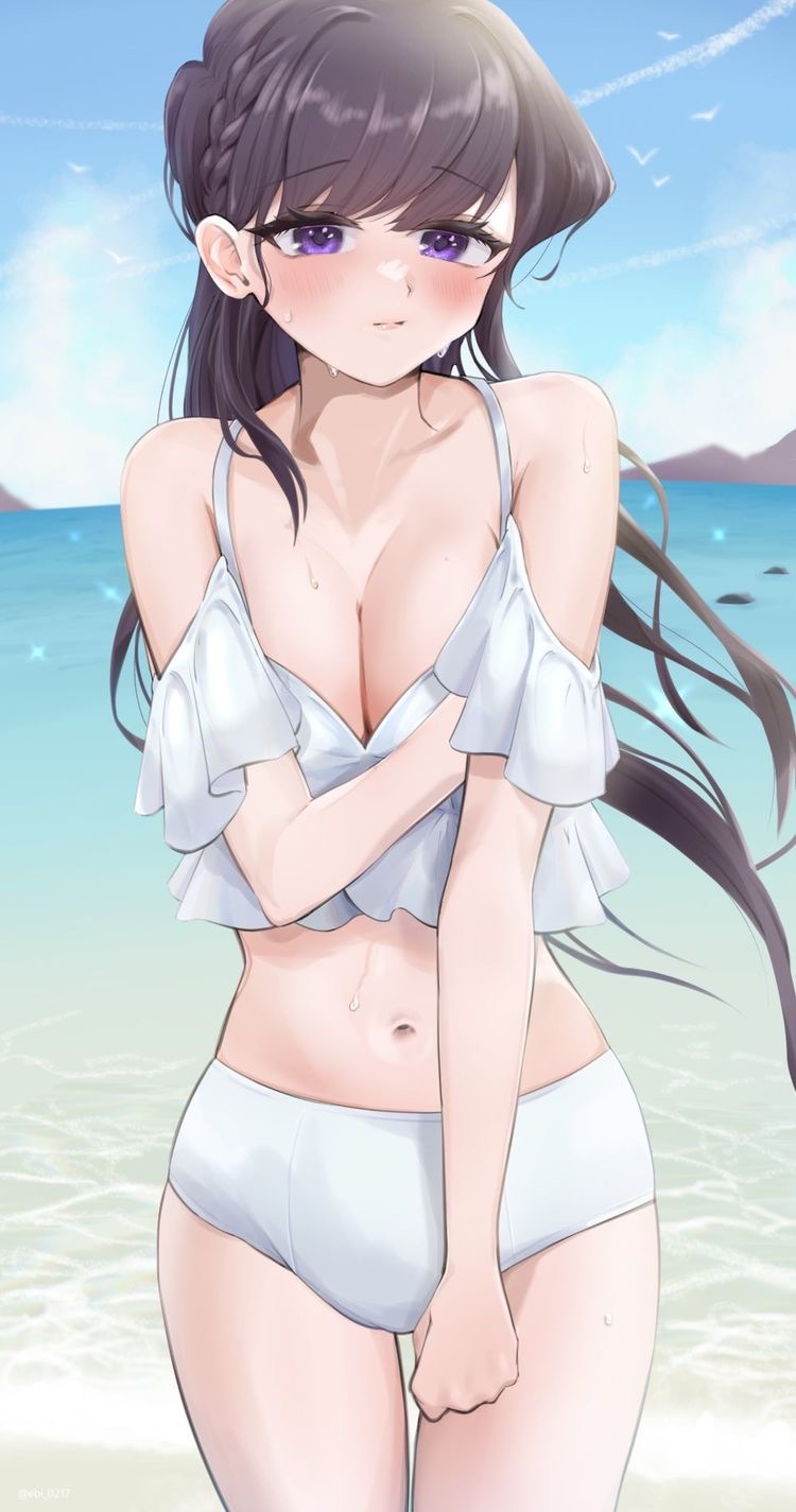 beach background, eyebrows, eyebrows visible through hair, female, komi shouko, komi-san wa komyushou desu, long hair, purple eyes, purple hair, swimsuit