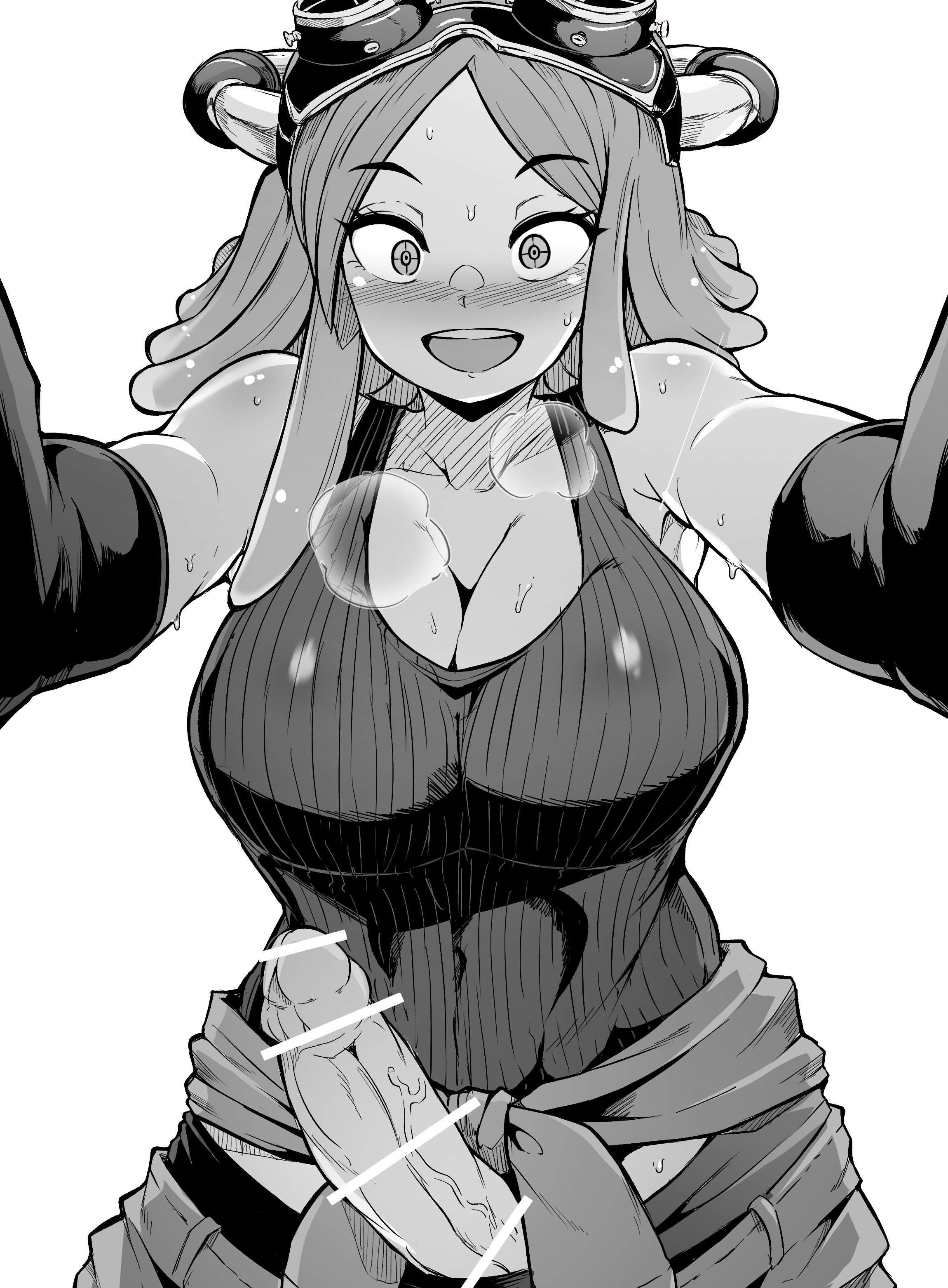 1futa, armpit, armpits, bar censor, big breasts, big penis, blush, blushing, breasts, censored, clothed, clothing, cock, female, futa only, futanari, goggles, goggles on forehead, goggles on head, horny, horny female, huge breasts, huge cock, human, imminent sex, in heat, intersex, large breasts, large penis, makin tama, mechanic, mei hatsume, mostly clothed, my hero academia, penis, penis out, smile, solo, standing, sweat, sweating, sweaty