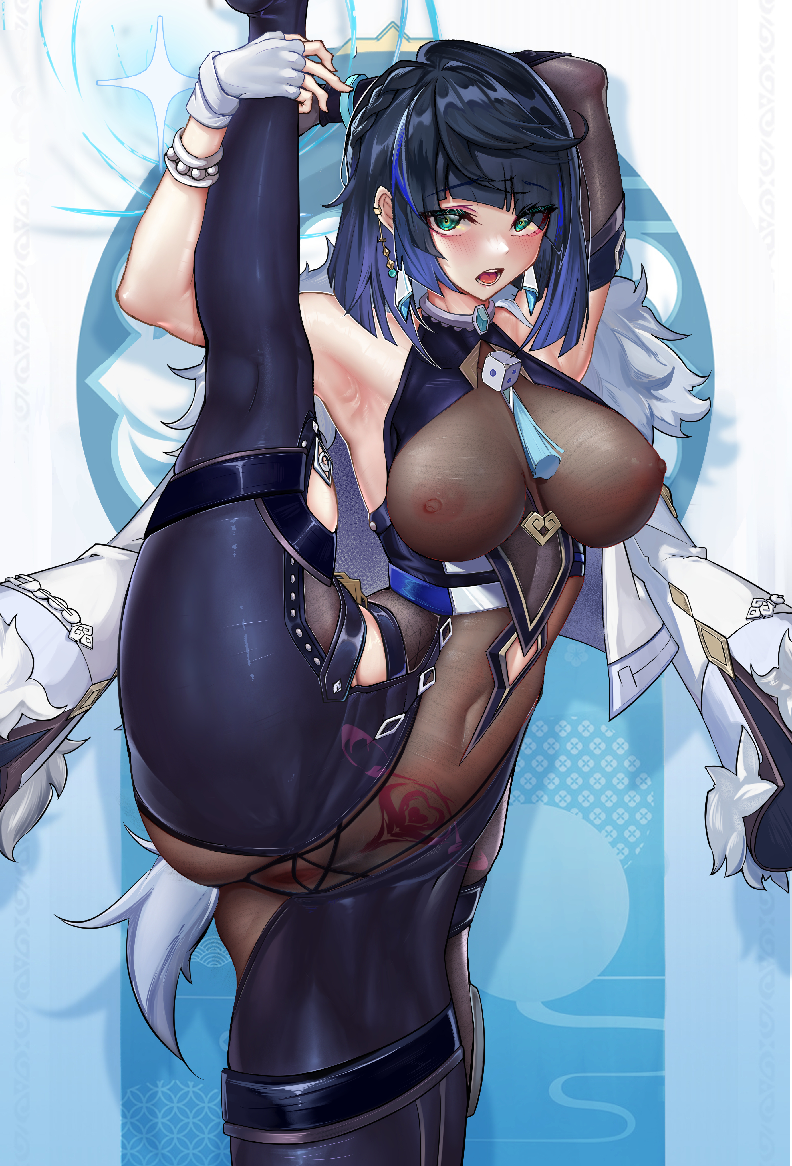 1girls, 2022, absurdres, alternate version available, bangs, black gloves, black hair, black legwear, blue hair, bodysuit, breasts, breasts apart, cleavage, clothing cutout, covered nipples, diagonal bangs, dice, dynamotor, elbow gloves, female, female focus, female only, female pubic hair, fingerless gloves, fur trim, fur-trimmed jacket, genshin impact, gloves, green eyes, highres, jacket, jacket on shoulders, large breasts, looking at viewer, multicolored hair, pubic hair, pubic tattoo, pussy, see-through, short hair, single elbow glove, sleeveless, solo, solo female, split, spread pussy, standing, standing on one leg, standing split, tattoo, thighs, two-tone hair, vertical splits, white gloves, white jacket, yelan (genshin impact)