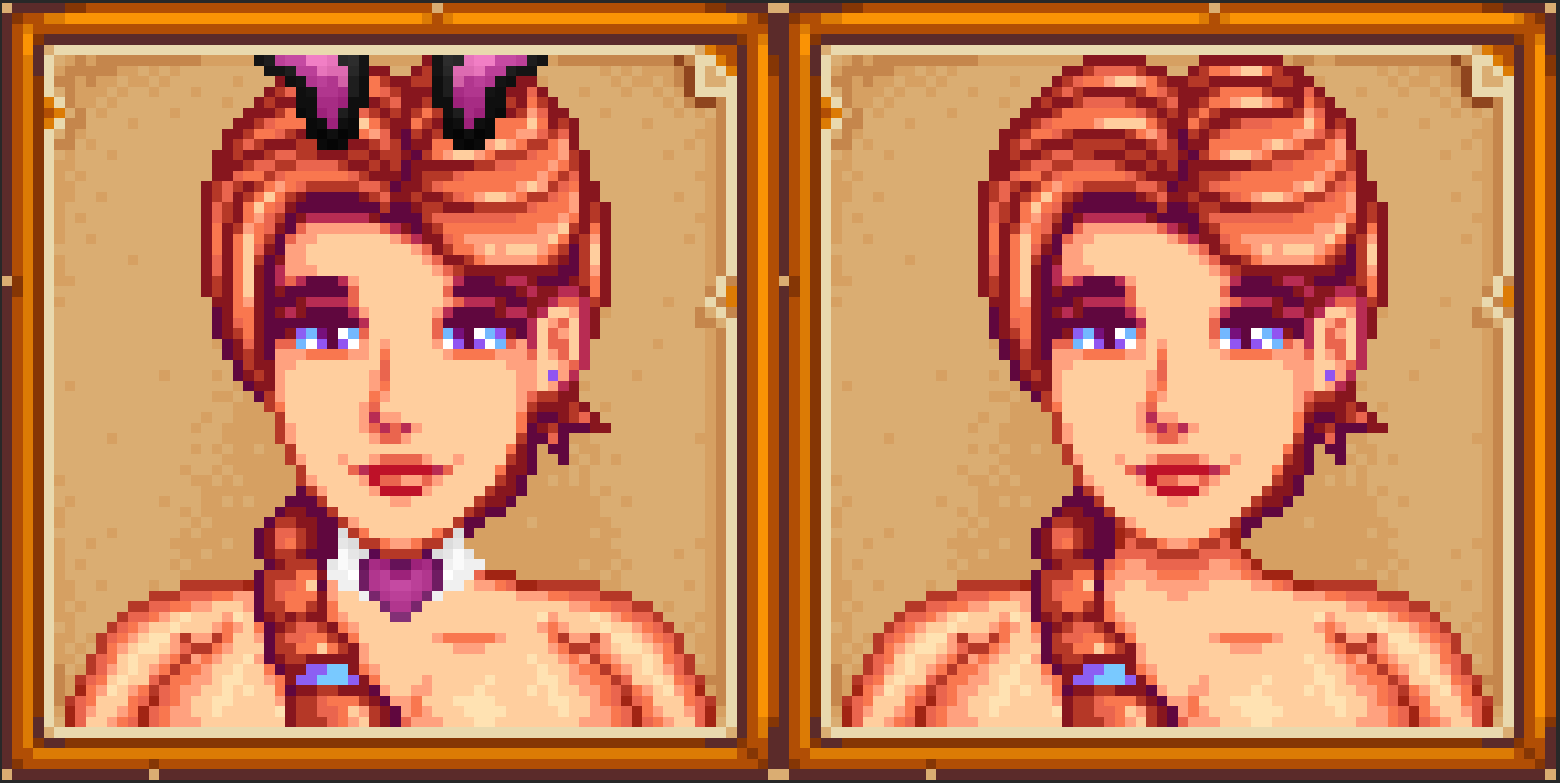 1girls big_breasts breasts brown_hair bunny_ears cancernia choker completely_nude completely_nude_female earrings heart_choker jodi_(stardew_valley) looking_at_viewer purple_eyes simple_background smile smiling smiling_at_viewer solo solo_female stardew_valley variations