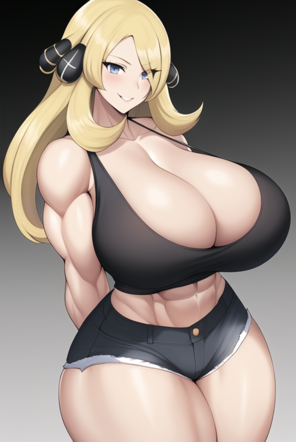 1girls, abs, ai generated, bare arms, bare legs, bare midriff, bare shoulders, bare thighs, biceps, black shorts, black tank top, blonde hair, blue eyes, blush, breasts, cleavage, crop top, cynthia (pokemon), deep cleavage, denim shorts, female, female only, game freak, grin, hair ornament, hair over one eye, huge breasts, impossible clothes, impossible clothing, impossible shirt, large breasts, long hair, looking at viewer, massive breasts, midriff, muscles, muscular, muscular arms, muscular female, muscular legs, muscular thighs, nintendo, obliques, pixai, pokemon, pokemon dppt, seductive, seductive eyes, seductive look, seductive mouth, seductive smile, short shorts, shorts, smile, solo, stable diffusion, tank top, thick thighs, toned, toned female, voluptuous, voluptuous female, wide hips