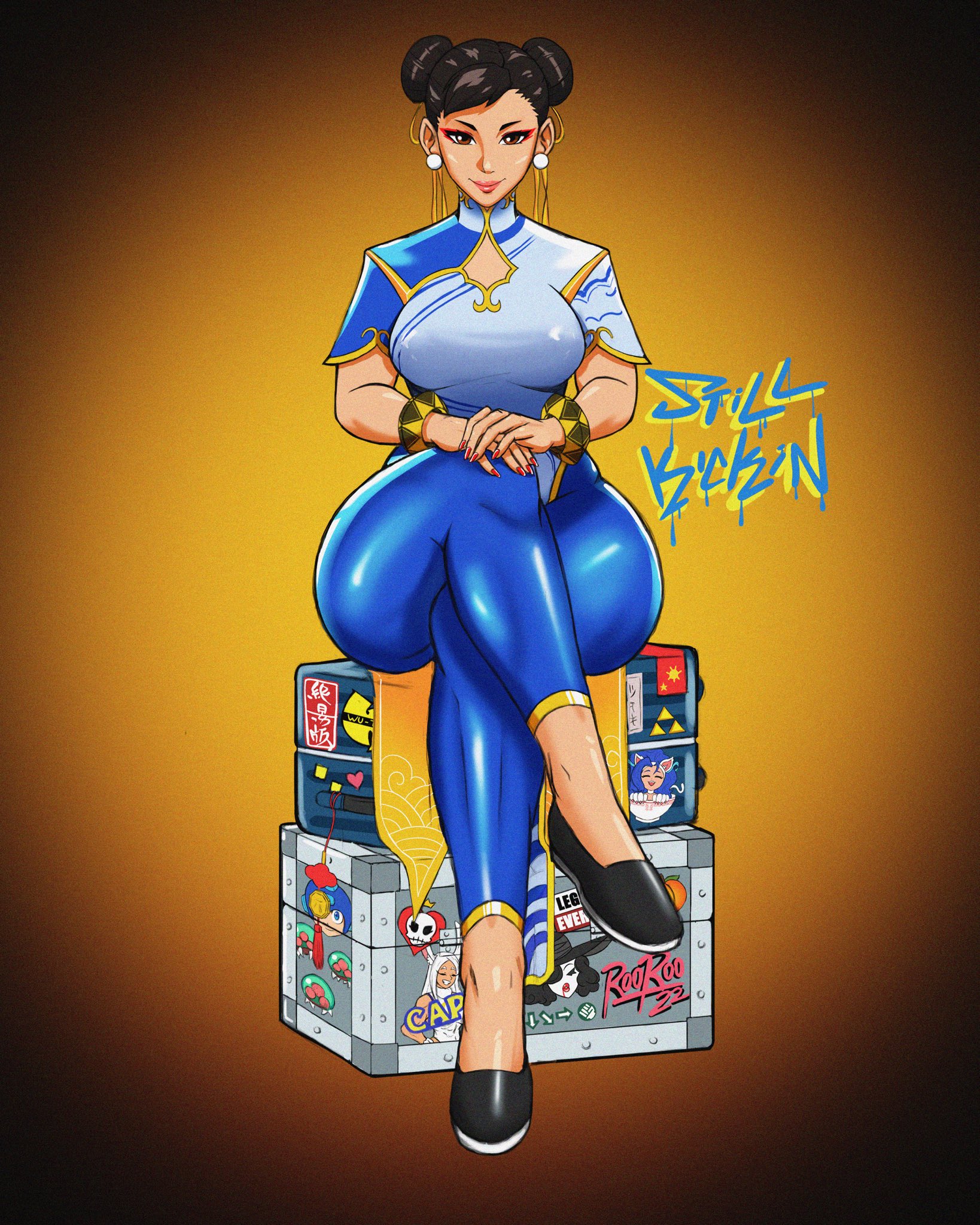 1girls, big thighs, bracelets, breasts, capcom, chinese, chinese clothes, chinese dress, chun-li, earrings, female, female only, fully clothed, hair bun, hair buns, hands, large breasts, large thighs, legs, looking at viewer, martial arts uniform, metroid (creature), nail polish, nipples visible through clothing, rooroorogers, shoes, sitting, smile, solo, sticker, street fighter, street fighter 6, thick, thick legs, thick thighs, thighs, thighs bigger than head, tights, triforce