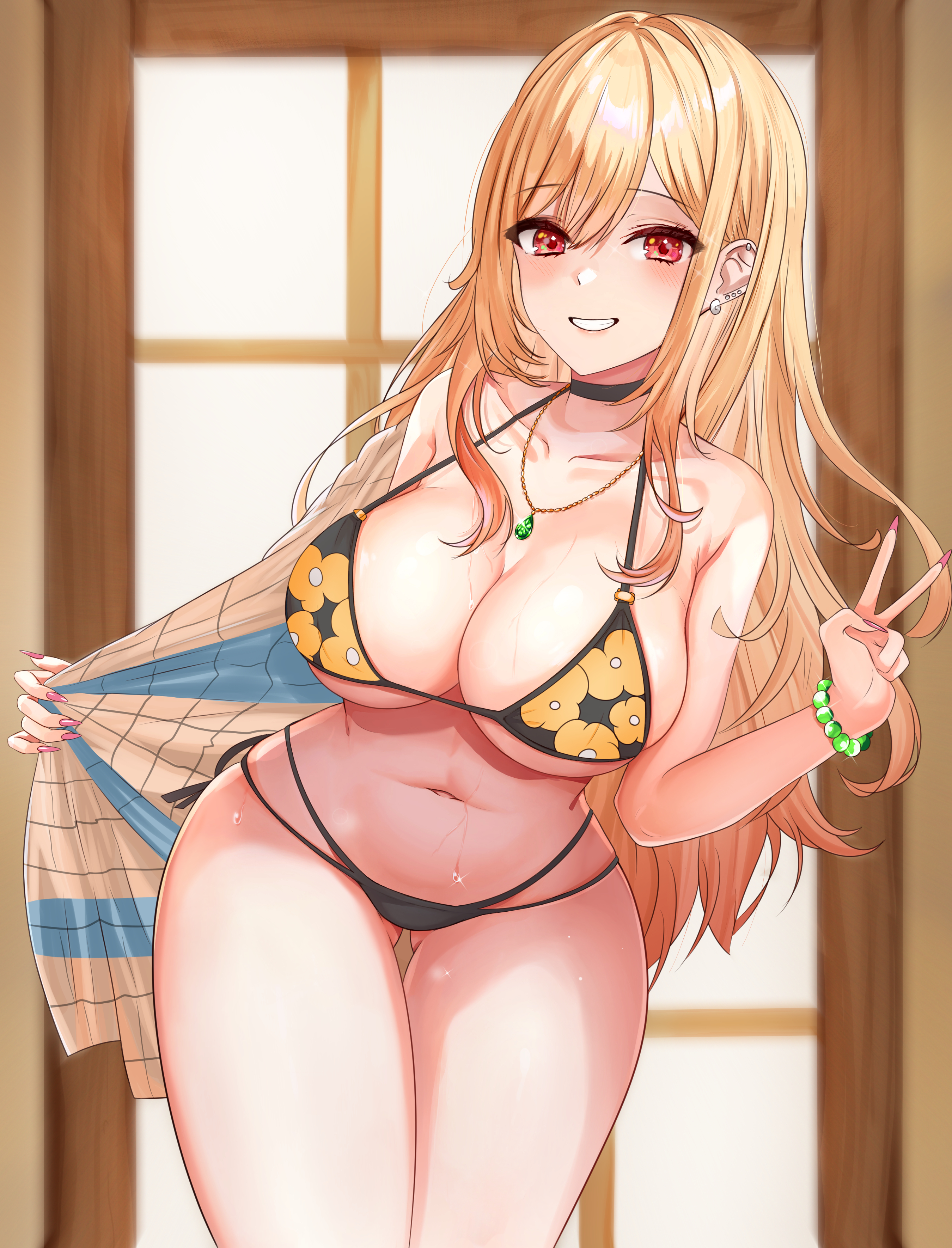 1girls, 2022, absurdres, bangs, barbell piercing, bead bracelet, beads, bikini, black bikini, black choker, blonde hair, bracelet, breasts, cetta (cettadvd), choker, colored tips, ear piercing, fake nails, female, female focus, female only, floral print, gradient hair, gyaru, highres, jewelry, kitagawa marin, large breasts, long fingernails, long hair, multi-strapped bikini, multicolored hair, piercing, pink nails, print bikini, red eyes, red hair, solo, solo female, sono bisque doll wa koi wo suru, string bikini, swept bangs, swimsuit, thighs