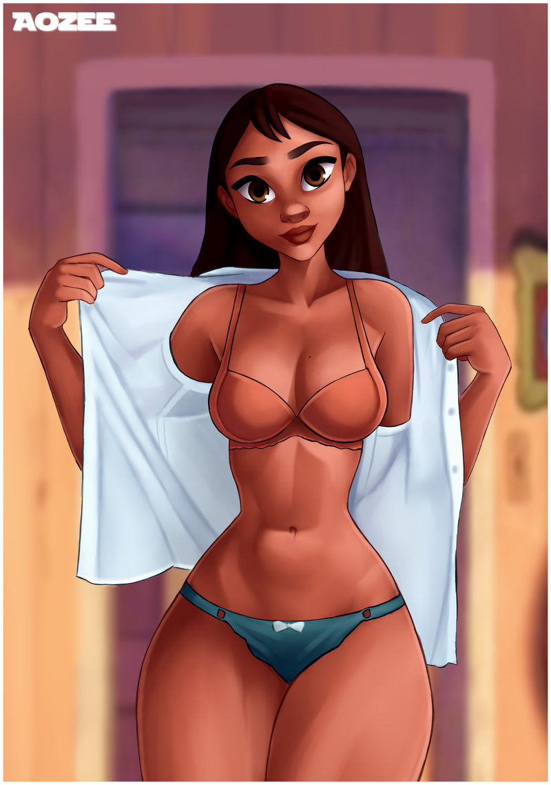 1girls, aozee, blue penis, bow panties, bra, breasts, brown eyes, brown hair, cleavage, dark skin, dark-skinned female, disney, female, hawaiian, hourglass figure, large breasts, lilo and stitch, long hair, looking at viewer, male, nani pelekai, panties, penis, straight hair, thick thighs, underwear, undressing