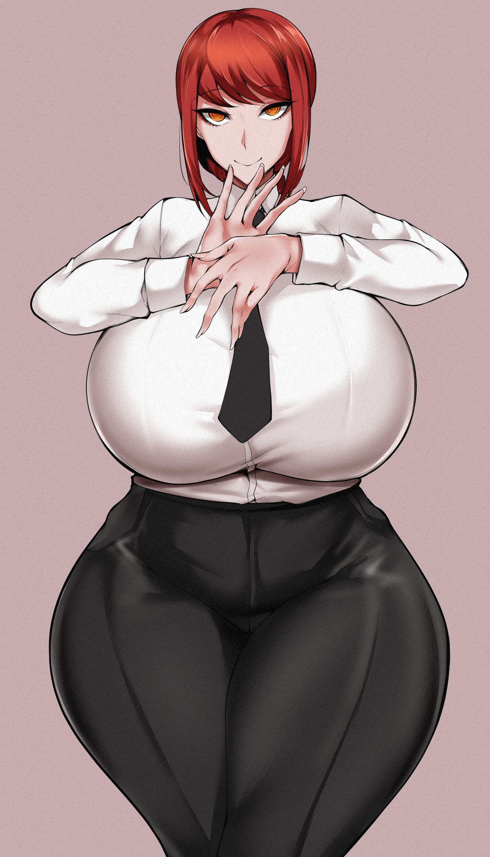 1girls, big breasts, braided hair, breasts, chainsaw man, eye contact, female, female only, fully clothed, huge breasts, long hair, looking at viewer, makima (chainsaw man), massive breasts, orange eyes, owner (artist), ponytail, red hair, solo, solo female, standing, thick thighs, thunder thighs, tight clothing, tight pants, venus body, wide hips
