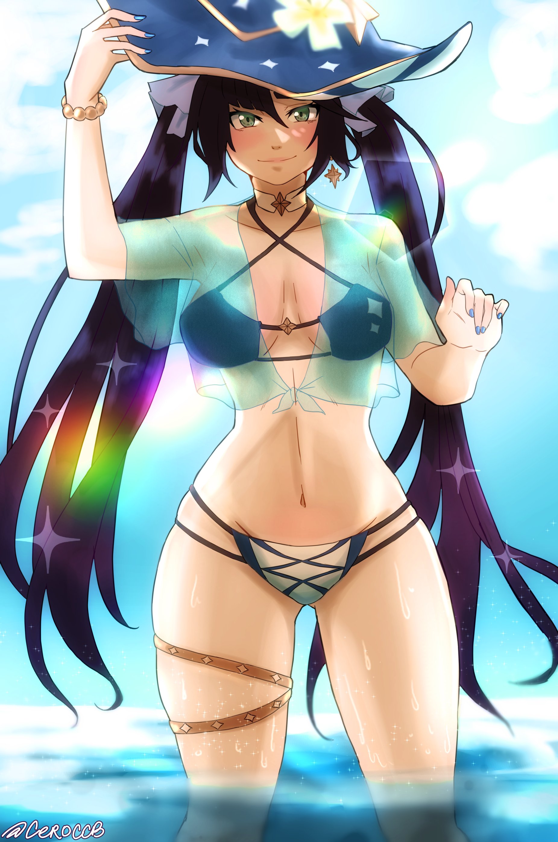 1girls, artist name, ass visible through thighs, big hat, blue clothing, blue hat, blue nails, blush, breasts, ceroccb, cropped legs, female, female only, front view, genshin impact, glistening skin, gluteal fold, green eyes, grey eyes, hat, hourglass figure, linea alba, long twintails, looking at viewer, medium breasts, mona (genshin impact), navel, navel line, partially submerged, pink cheeks, pink lips, see-through clothing, skinny, skinny female, slender, slender waist, slim female, slim waist, small breasts, small waist, smile, solo, solo female, thigh gap, thigh strap, twintails, underwater, water, watermark, wet skin, wristwear