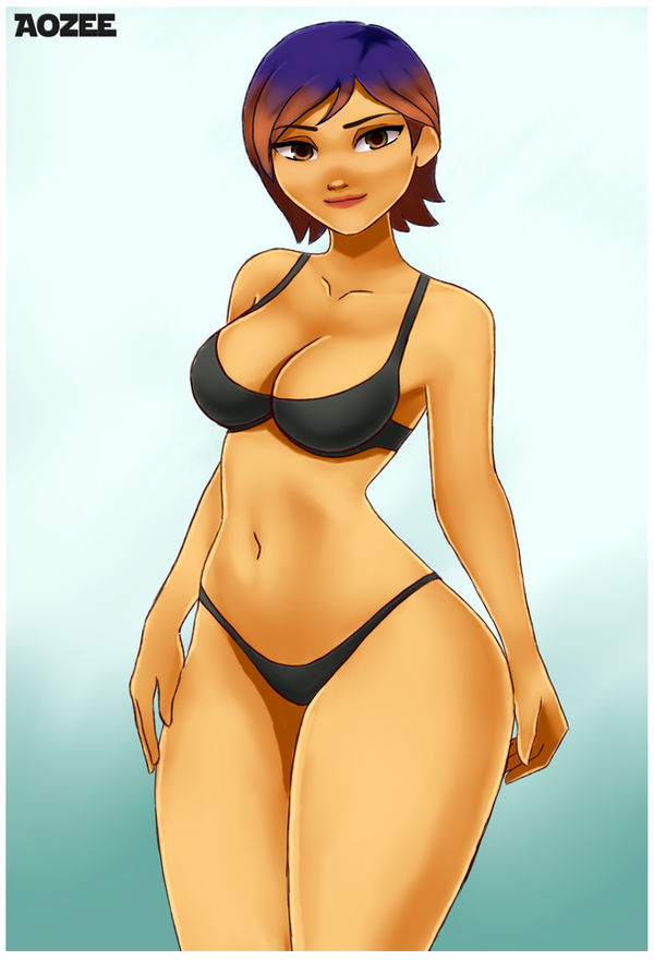 1girls, amber eyes, aozee, breasts, cleavage, female, female only, large breasts, looking at viewer, multicolored hair, orange hair, panties, purple hair, sabine wren, short hair, star wars, star wars rebels, thick thighs, underwear