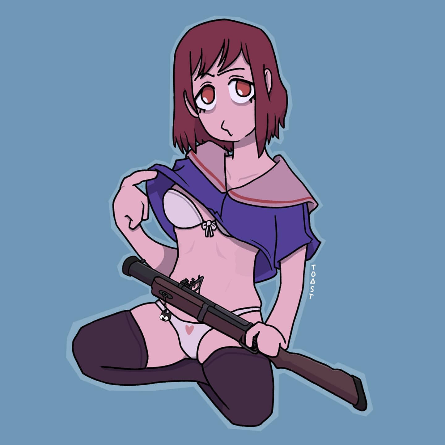 bra female firearm flcl grenade_launcher gun human mamimi_samejima panties rifle shirt_lift shirt_up sitting toast2toasty weapon white_panties