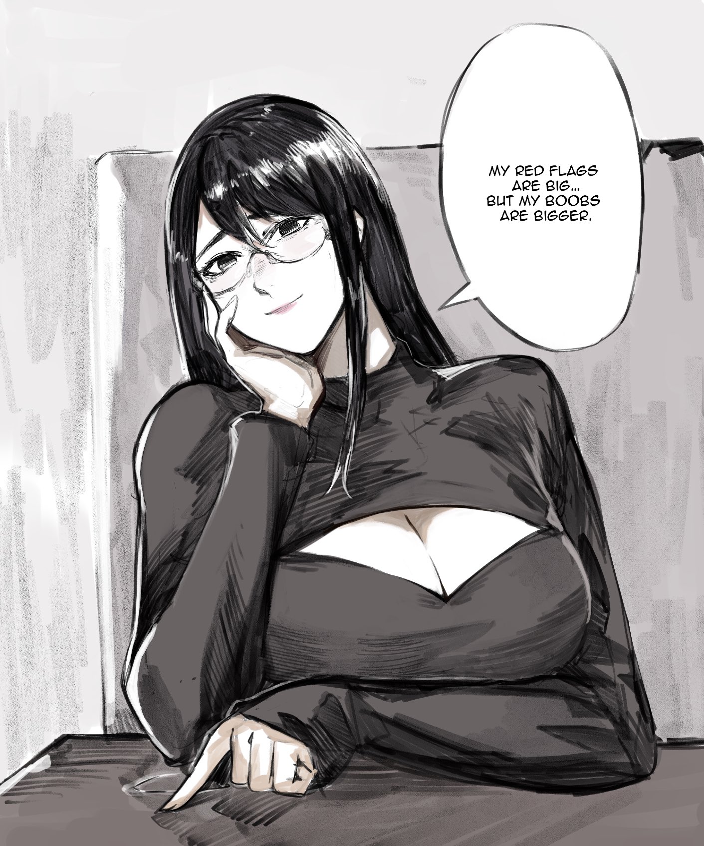 1girls, 2022, 2d, 2d (artwork), big breasts, black hair, breasts, cleavage, clothed, clothed female, english text, female, glasses, head tilt, kamishiro rize, light skin, light-skinned female, long hair, looking at viewer, monochrome, no sex, questionable, risky, sitting, smile, smiling at viewer, speech bubble, sweater, table, talking to viewer, text, tokyo ghoul, upper body, yrfreakyneighbr