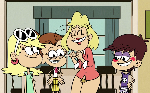 accurate_art_style blonde_female bottomless bush clothed_female_nude_female flashing leni_loud luan_loud luna_loud mother_and_daughter nanotyrannus pubic_hair rita_loud screenshot_edit straight_hair the_loud_house unshaved_pussy