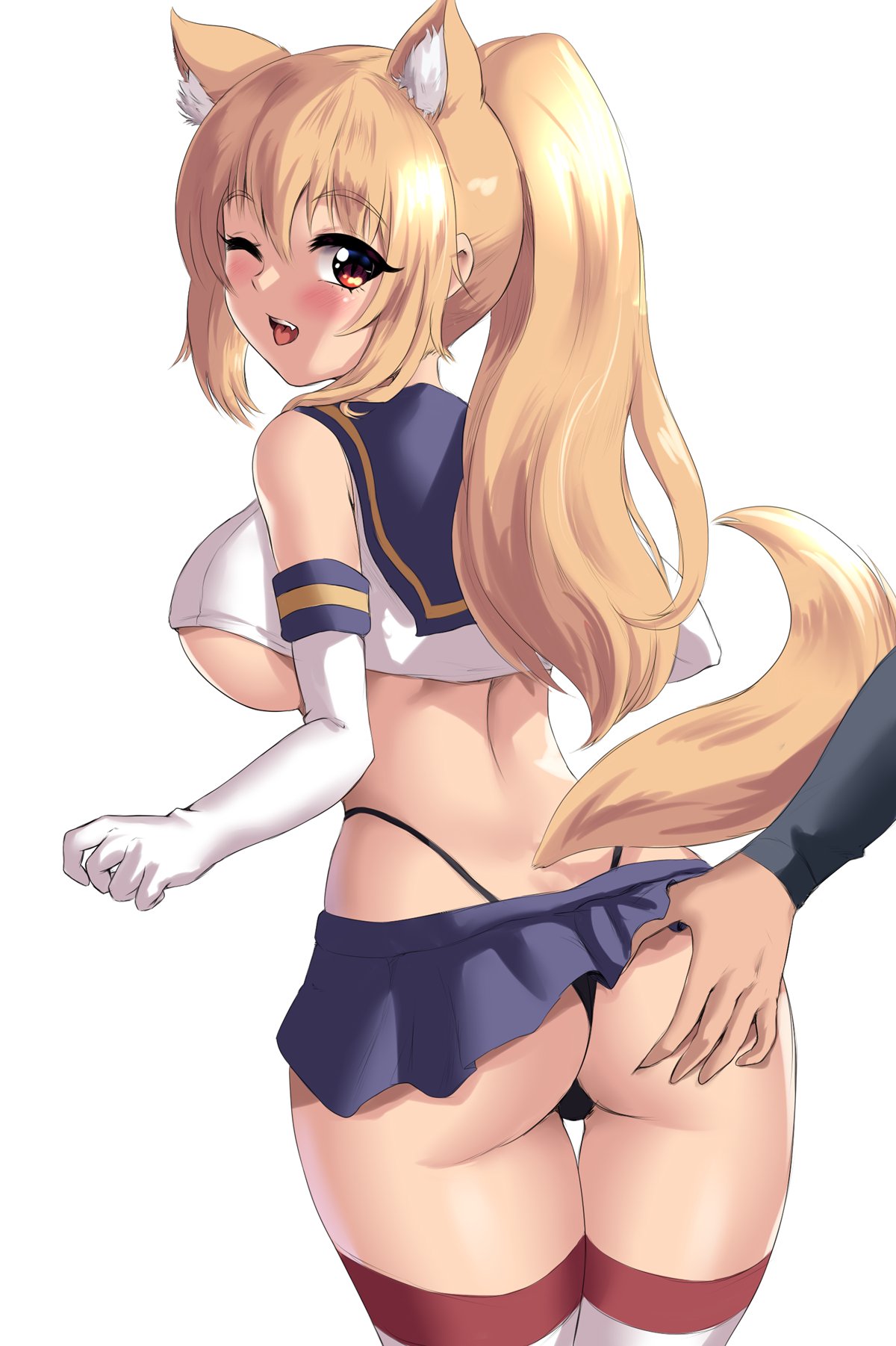 1boy, 1girls, ass, ass grab, big breasts, blonde hair, blush, breasts, female, female focus, groping ass, hand on ass, legwear, leonart, long hair, looking back, male, miniskirt, one eye closed, original, shimakaze (kantai collection) (cosplay), skirt, standing, stockings, thick thighs, thighhighs, thighs, thong, tiffy